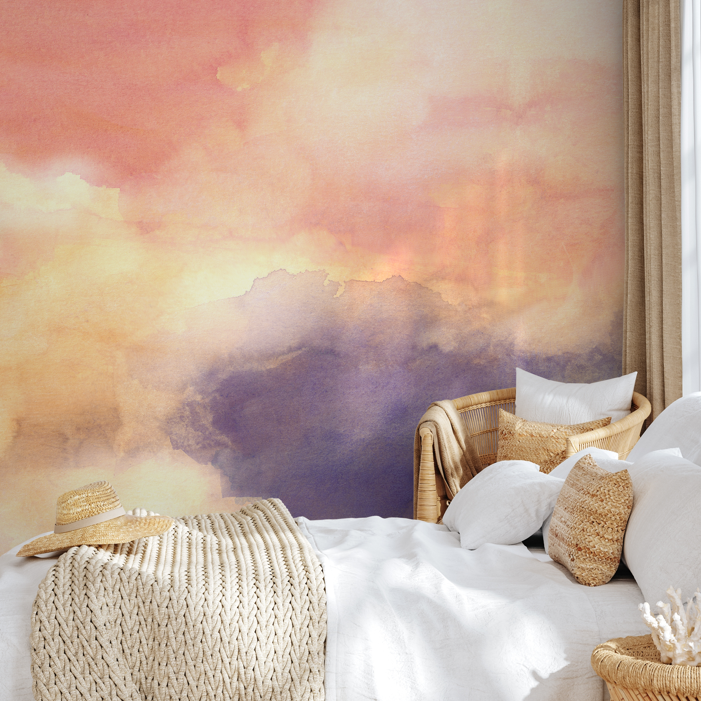 Watercolor Wallpaper With A Soft Cloud Effect In Purple, Orange, And Yellow - C917