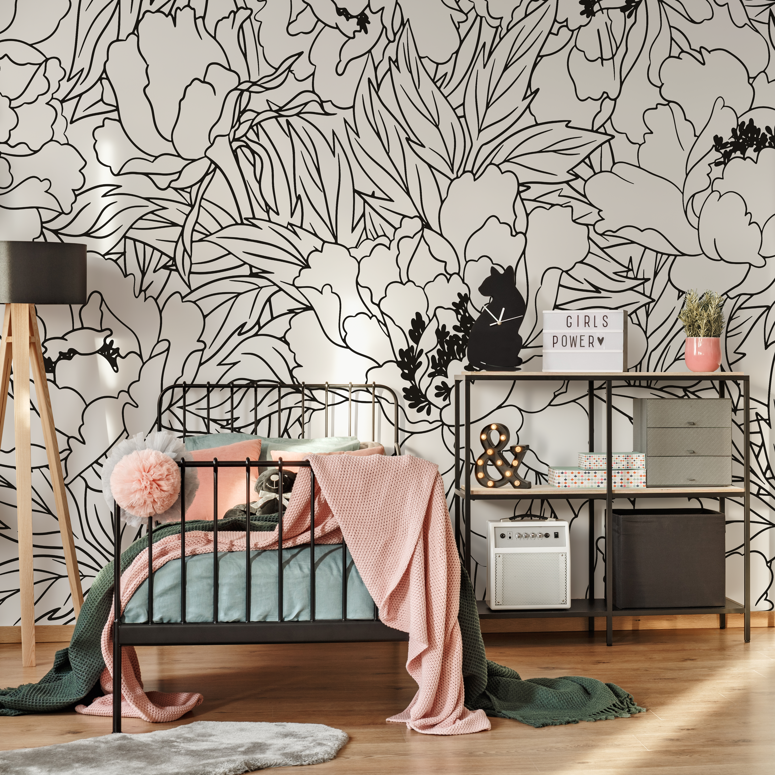 Floral Wallpaper With Large-scale Peony Line Art In Black And White - C919