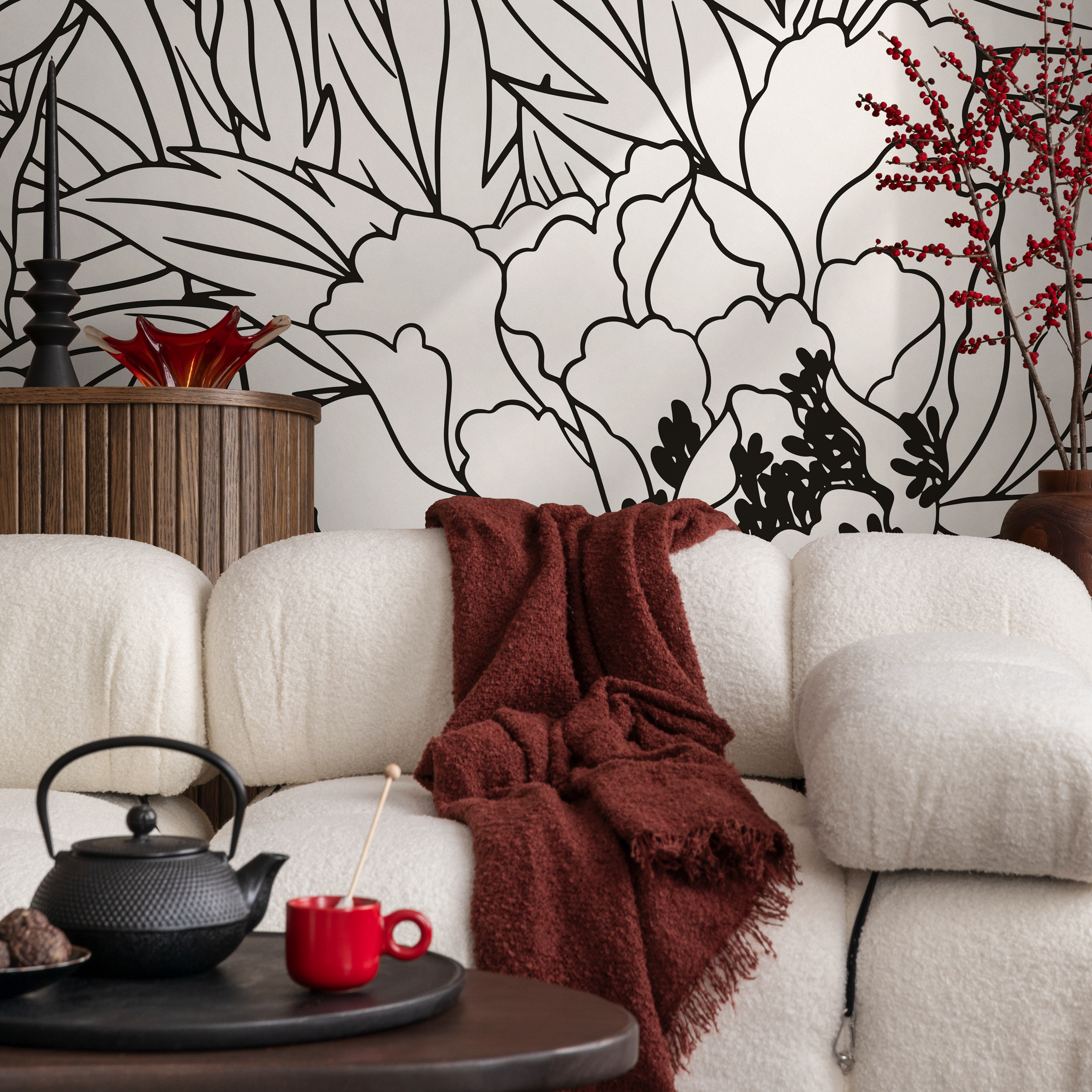 Floral Wallpaper With Large-scale Peony Line Art In Black And White - C919