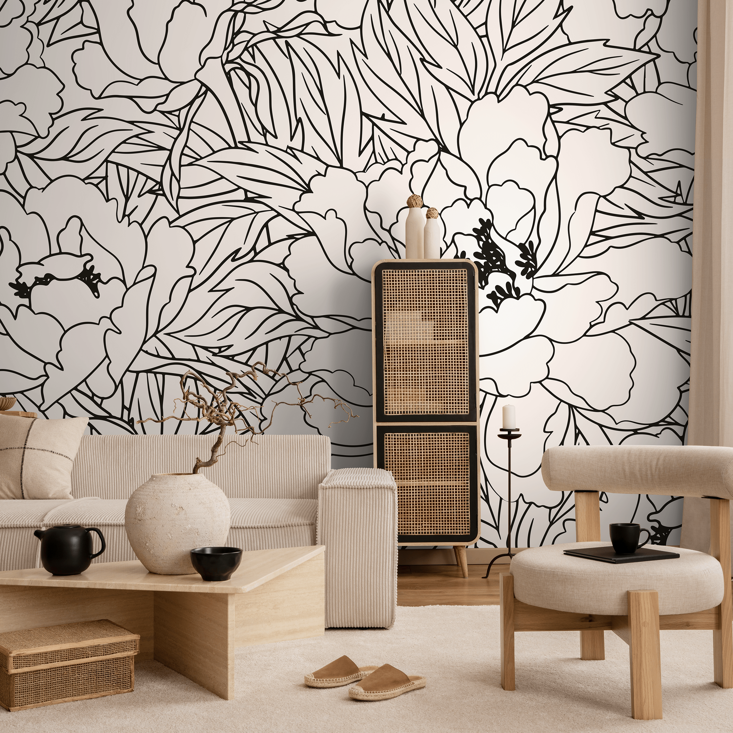 Floral Wallpaper With Large-scale Peony Line Art In Black And White - C919