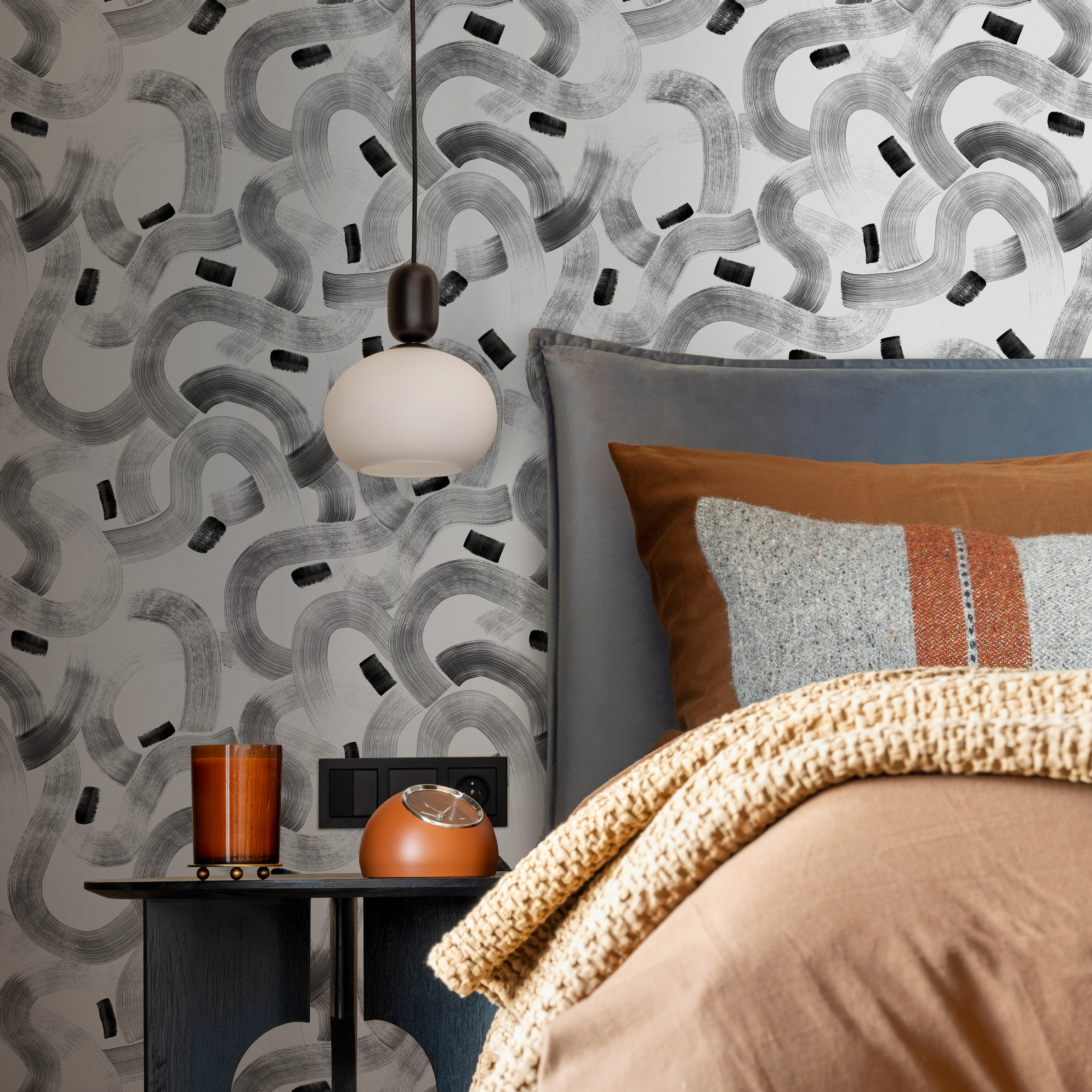 Abstract Wallpaper With Meandering Brush Strokes In Black And Gray - C921