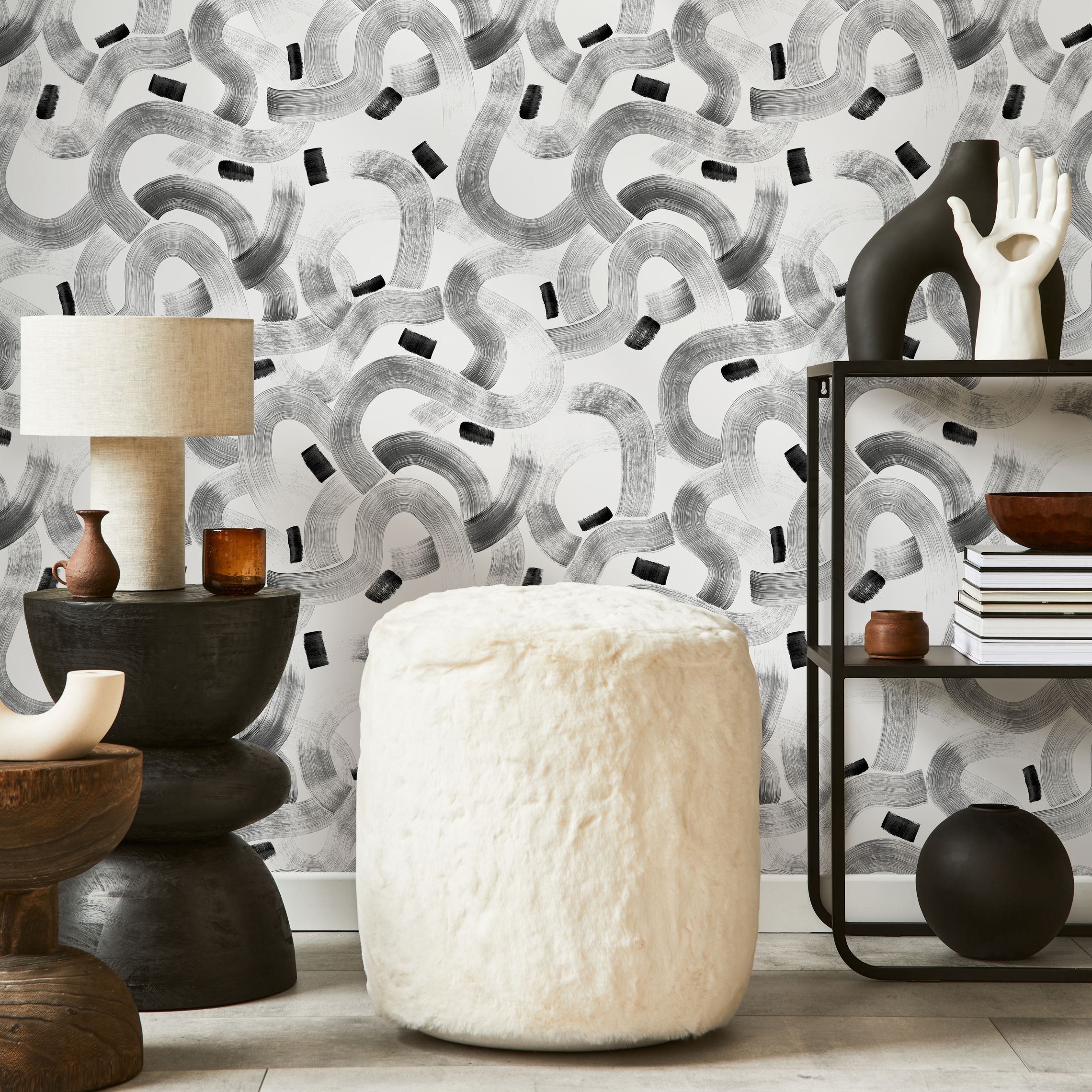 Abstract Wallpaper With Meandering Brush Strokes In Black And Gray - C921