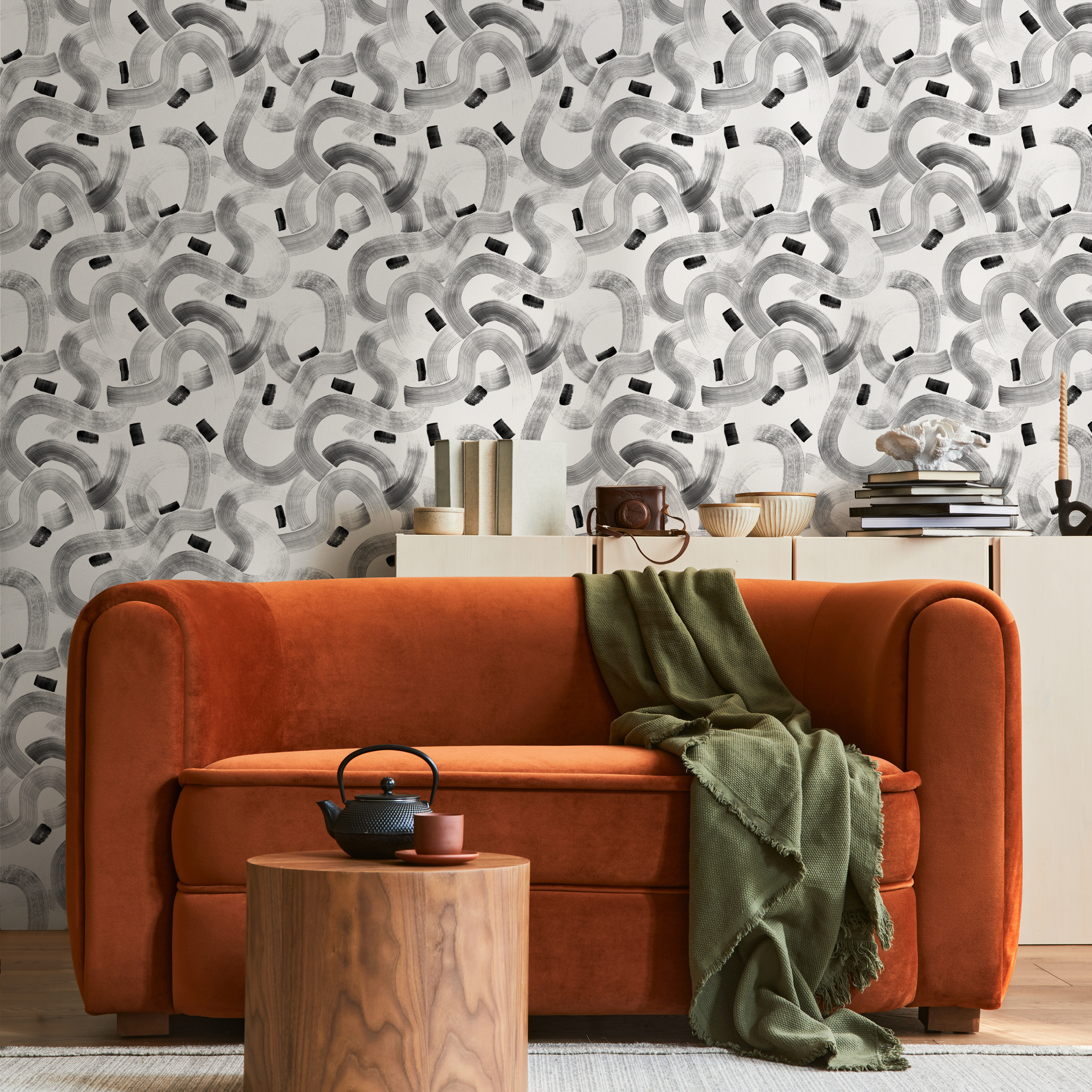 Abstract Wallpaper With Meandering Brush Strokes In Black And Gray - C921