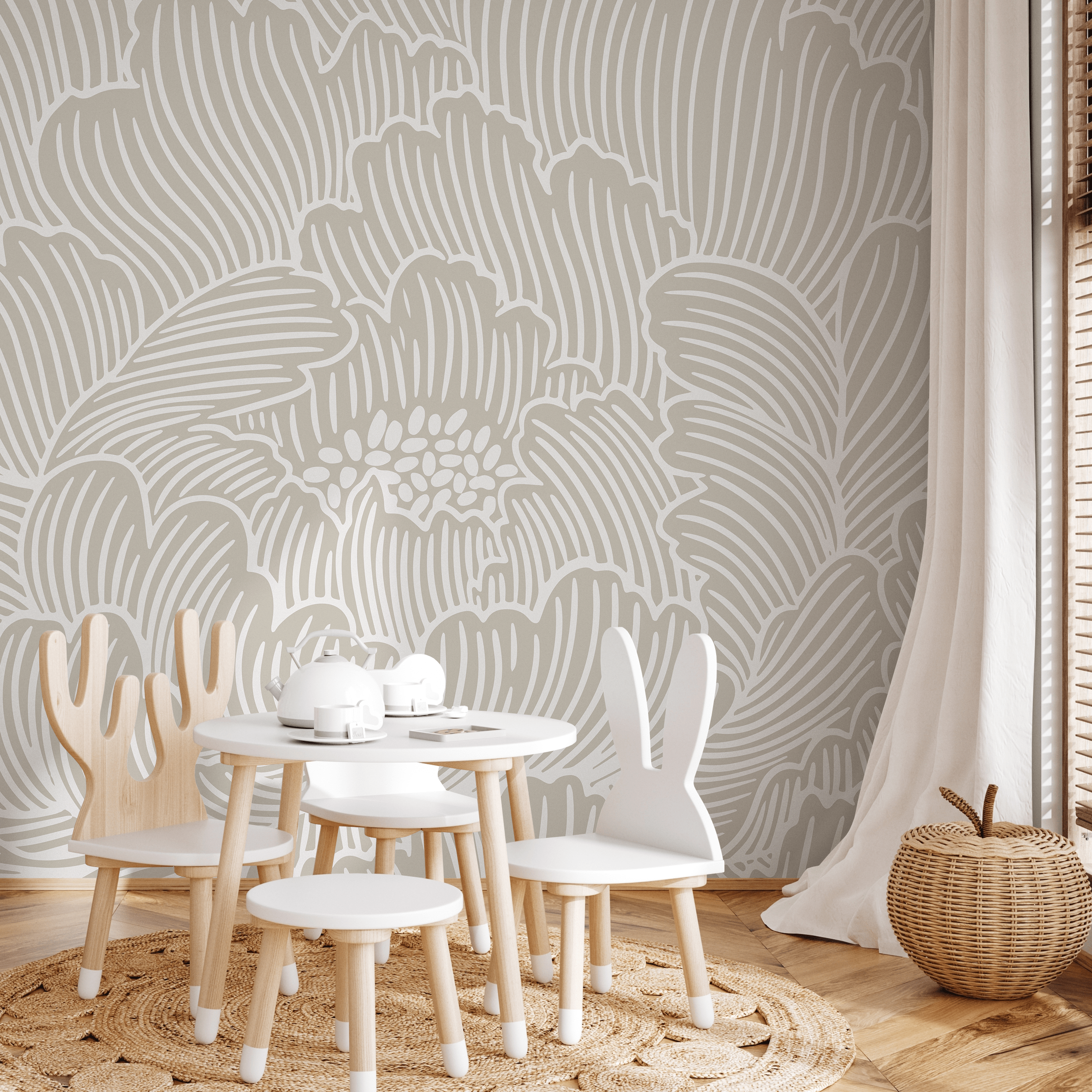Floral Wallpaper With A Large Peony Line Art Motif In Beige And White - C922