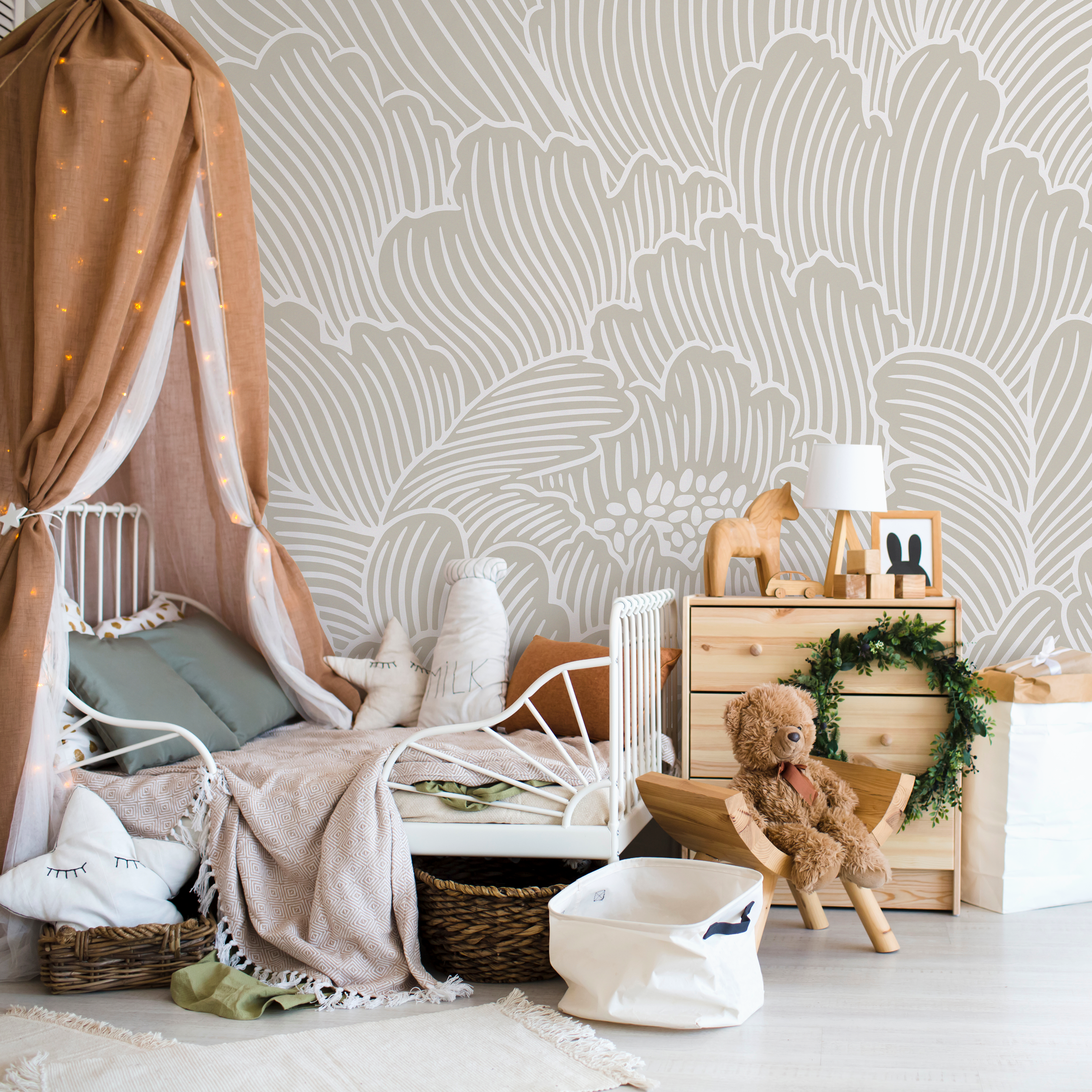 Floral Wallpaper With A Large Peony Line Art Motif In Beige And White - C922