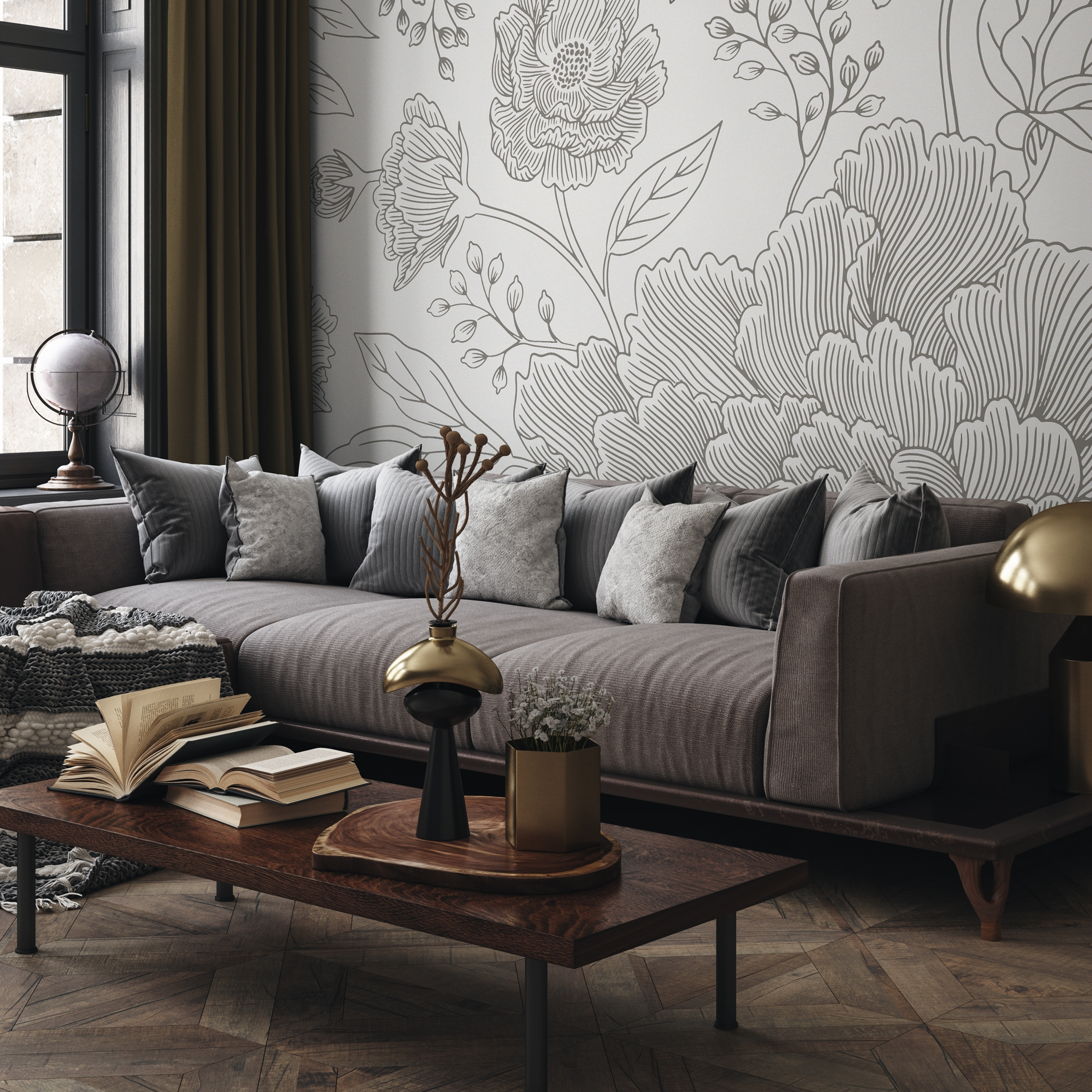 Floral Wallpaper Featuring A Large Scale Peony Illustration In Gray - C924