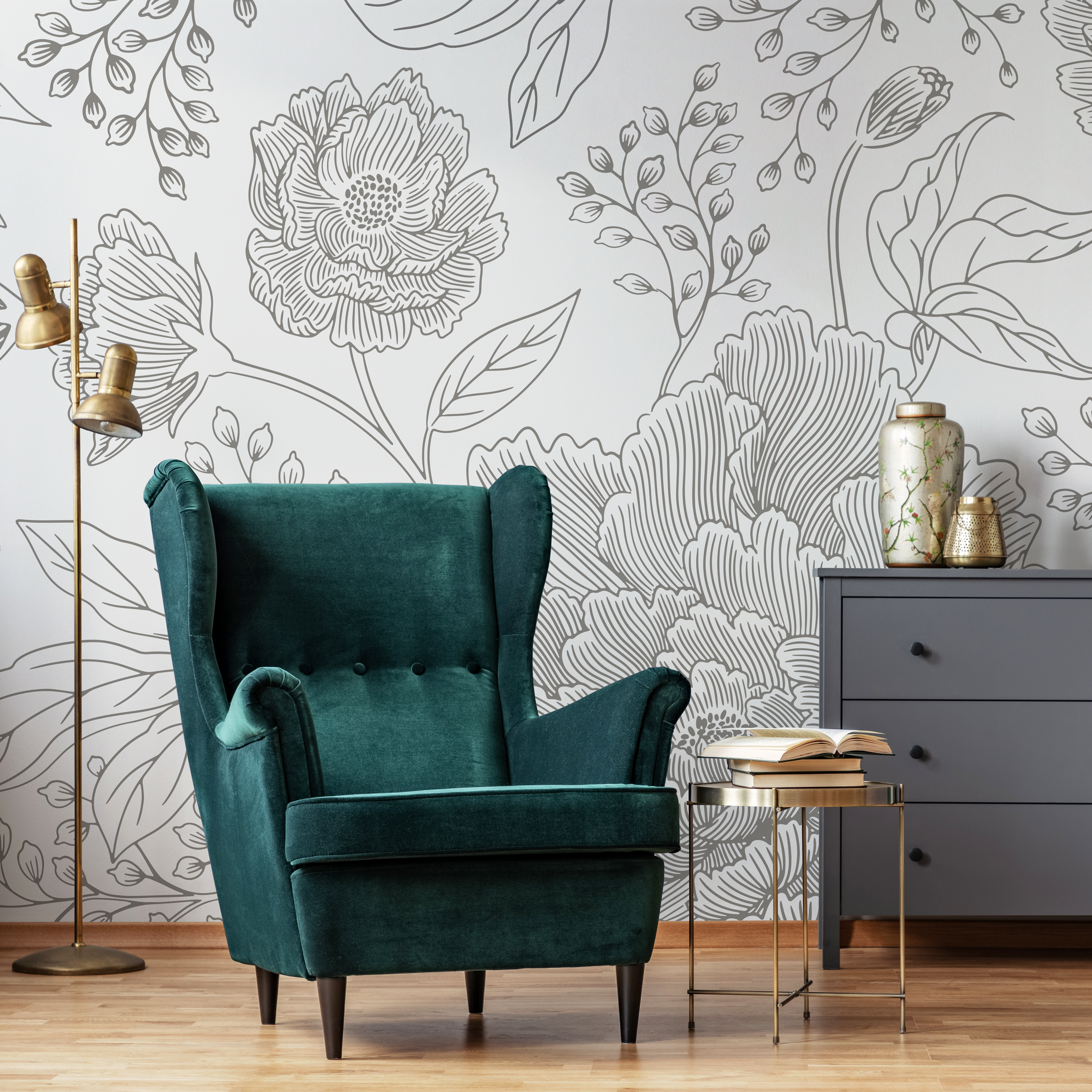 Floral Wallpaper Featuring A Large Scale Peony Illustration In Gray - C924