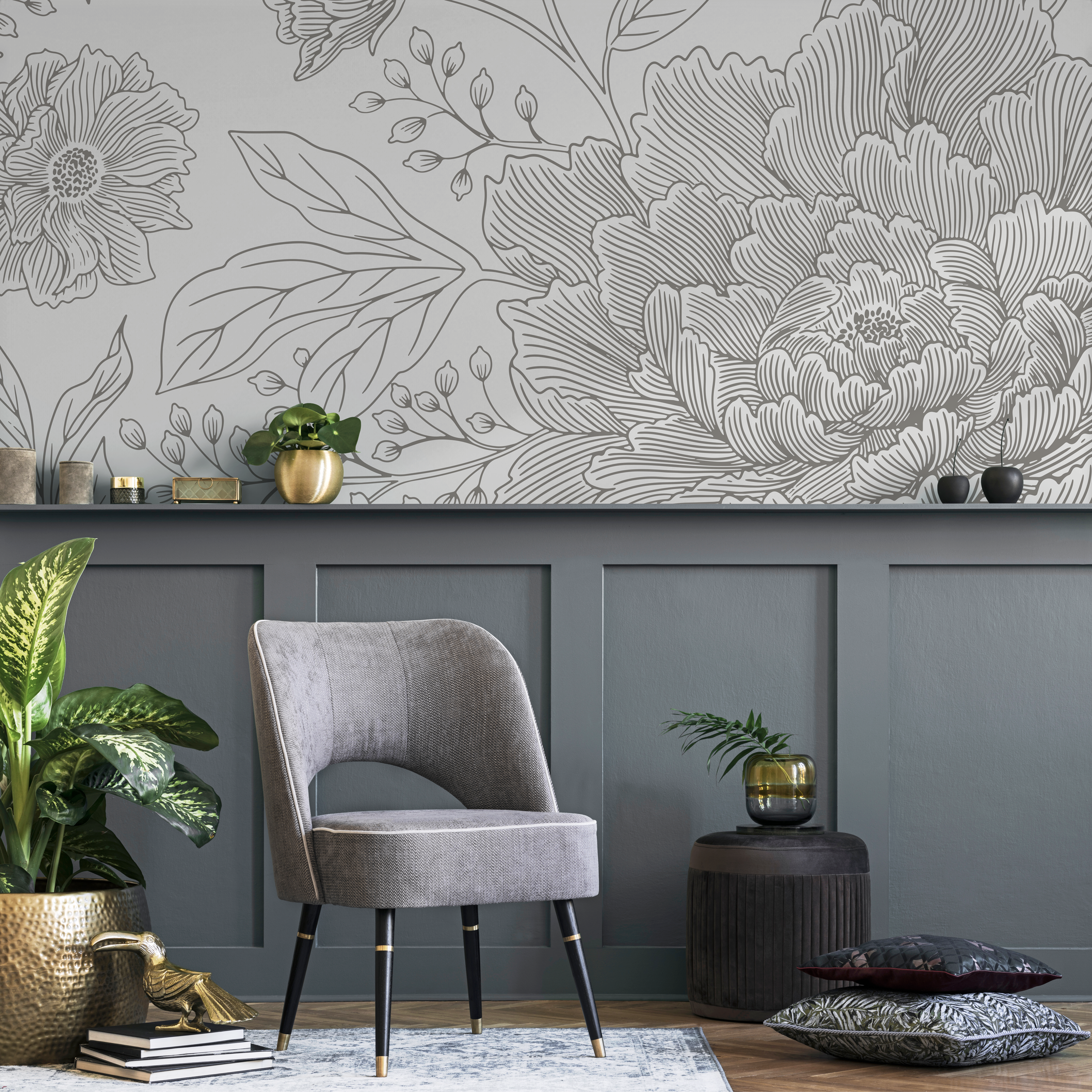 Floral Wallpaper Featuring A Large Scale Peony Illustration In Gray - C924