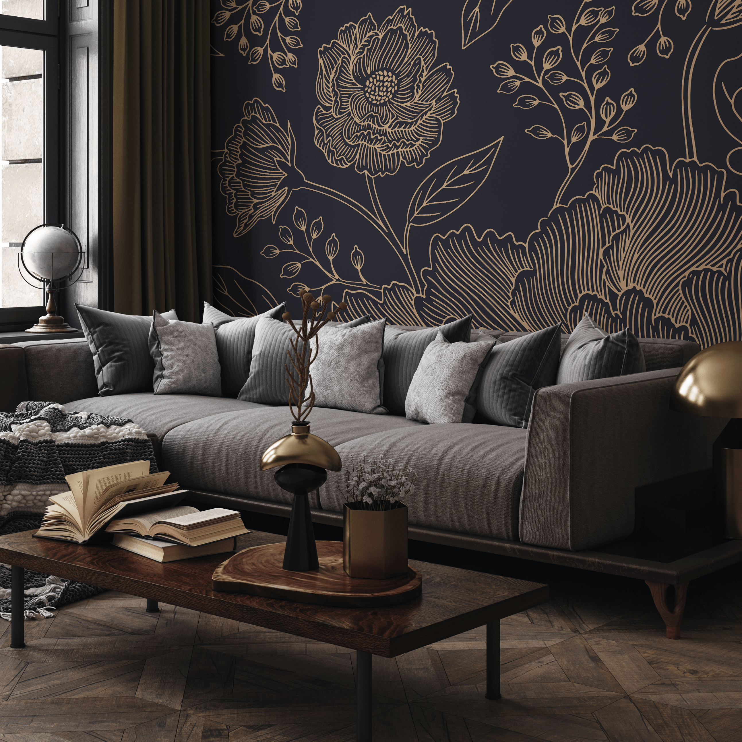 Floral Wallpaper Featuring Elegant Line Art In Black And Gold - C925