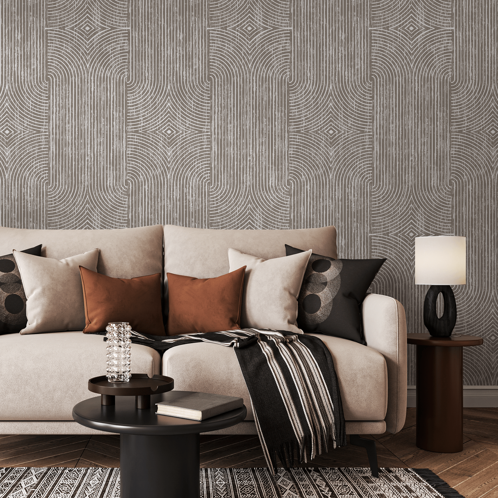Abstract Wallpaper With Distressed Art Deco Arches In Taupe And Beige - C926