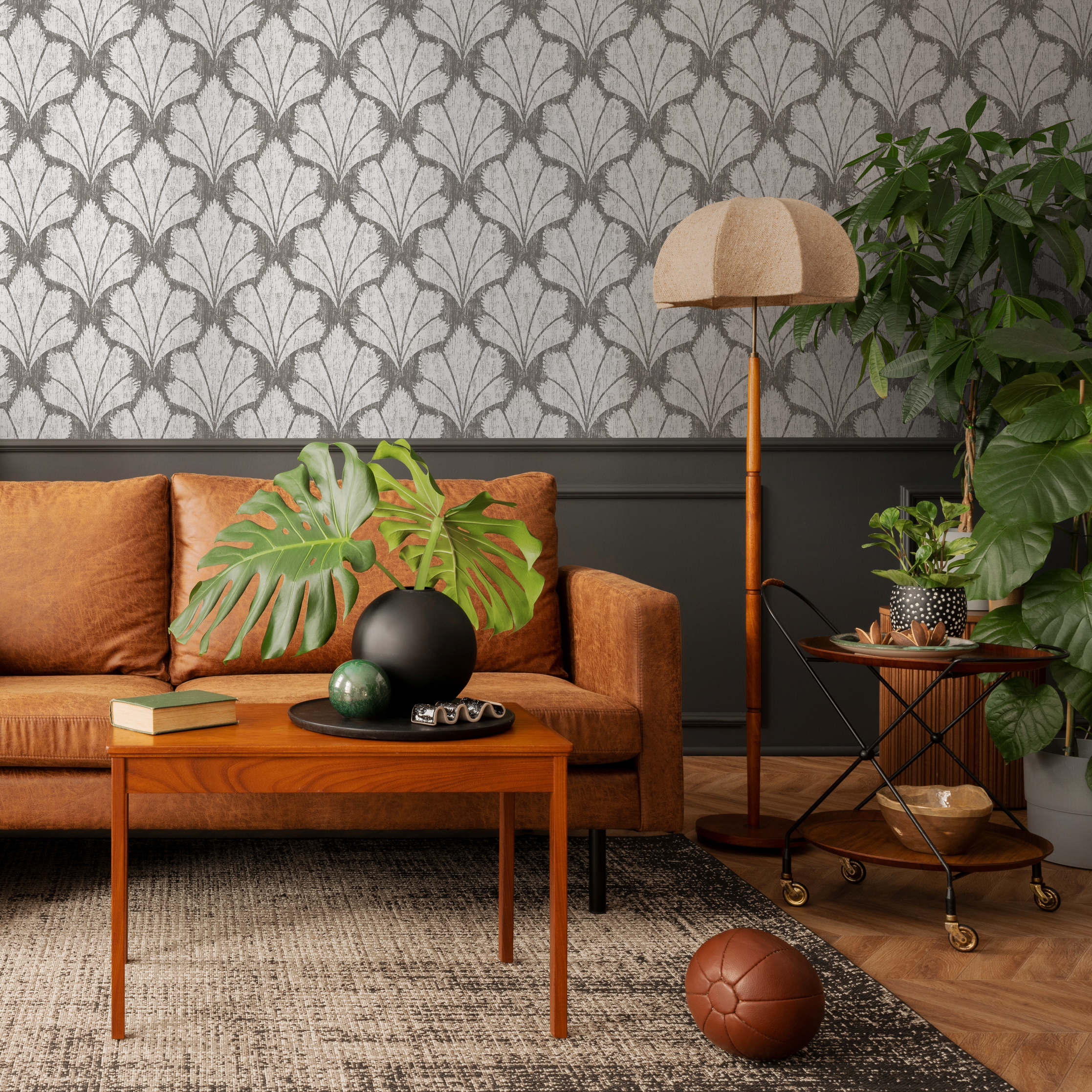 Art Deco Wallpaper With A Stylized Fan Motif In Gray And Off-white - C928