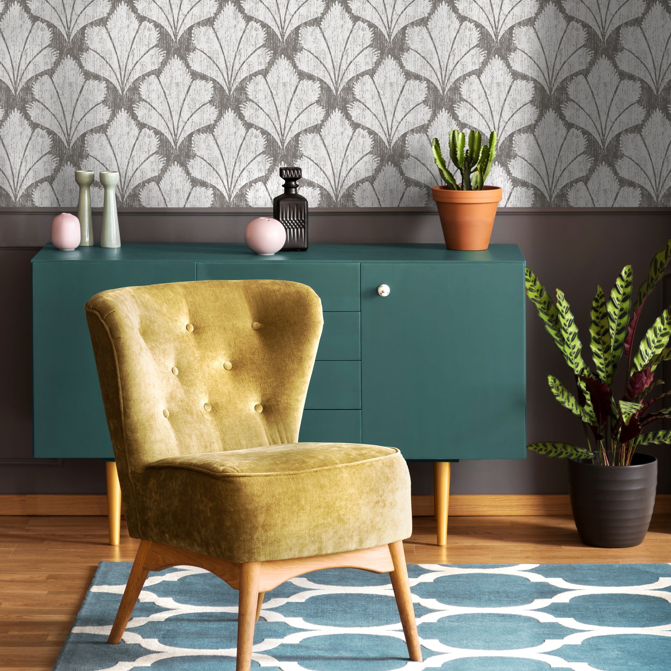 Art Deco Wallpaper With A Stylized Fan Motif In Gray And Off-white - C928
