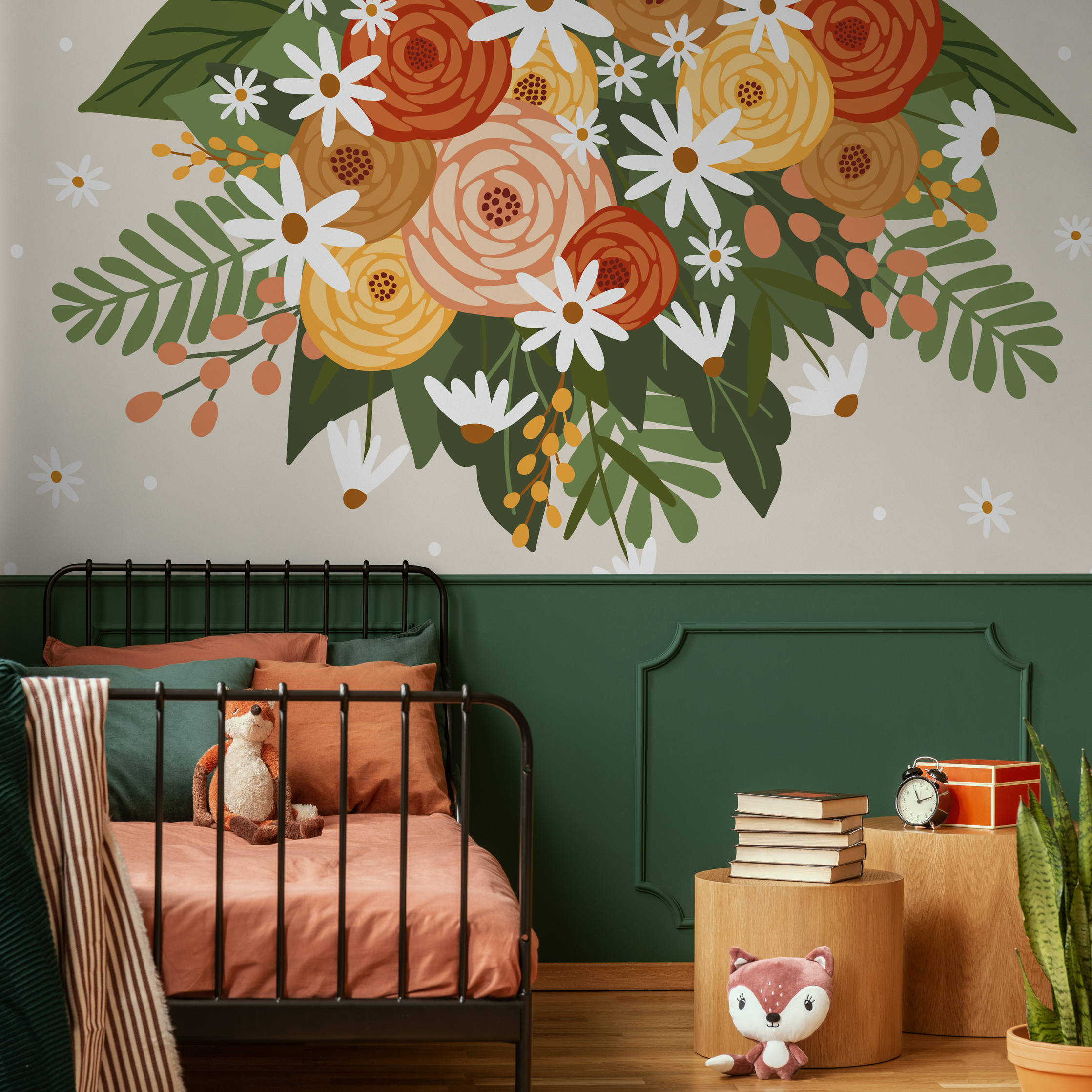 Floral Wallpaper With A Bold Bouquet In Orange, Yellow, And Green - C931