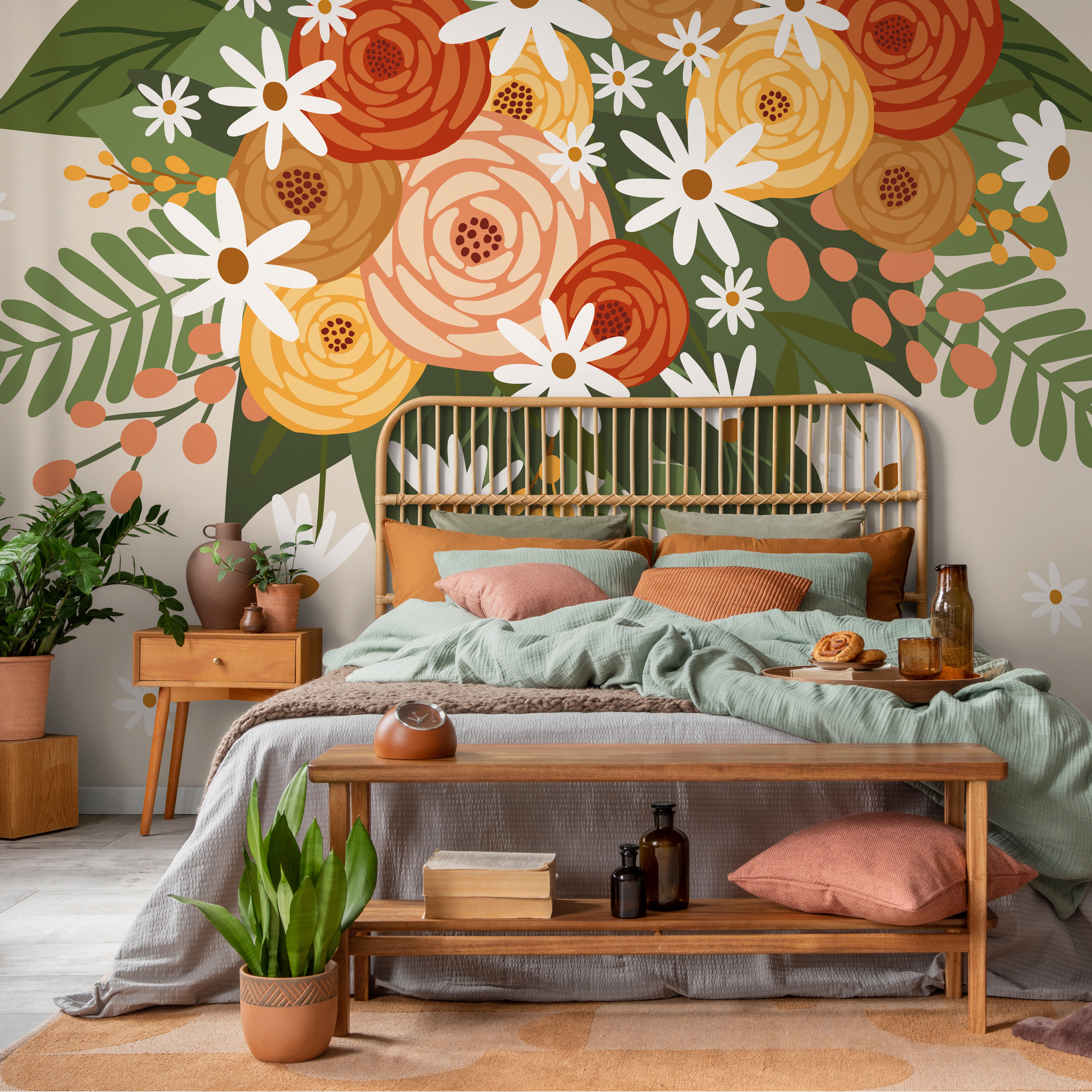 Floral Wallpaper With A Bold Bouquet In Orange, Yellow, And Green - C931