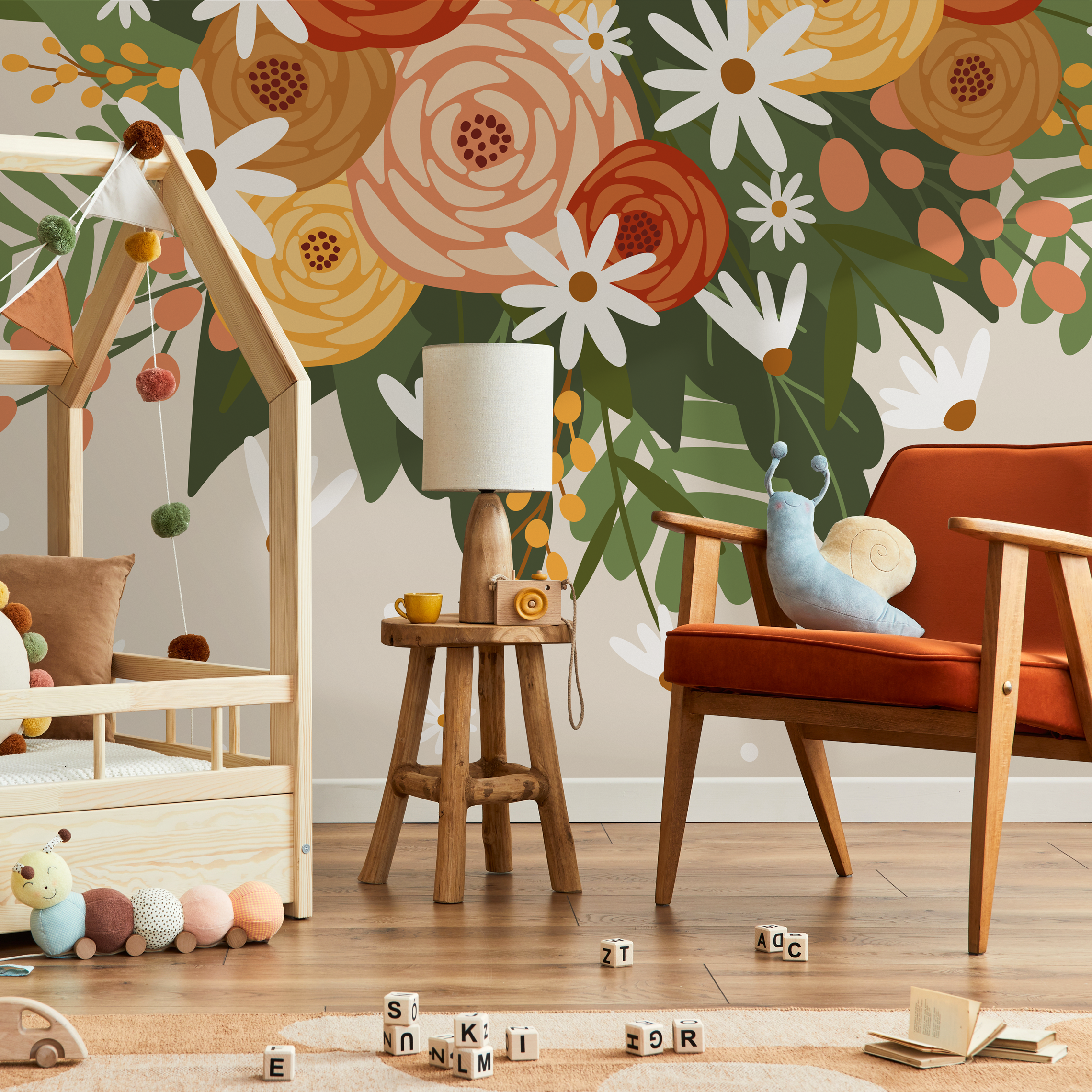 Floral Wallpaper With A Bold Bouquet In Orange, Yellow, And Green - C931