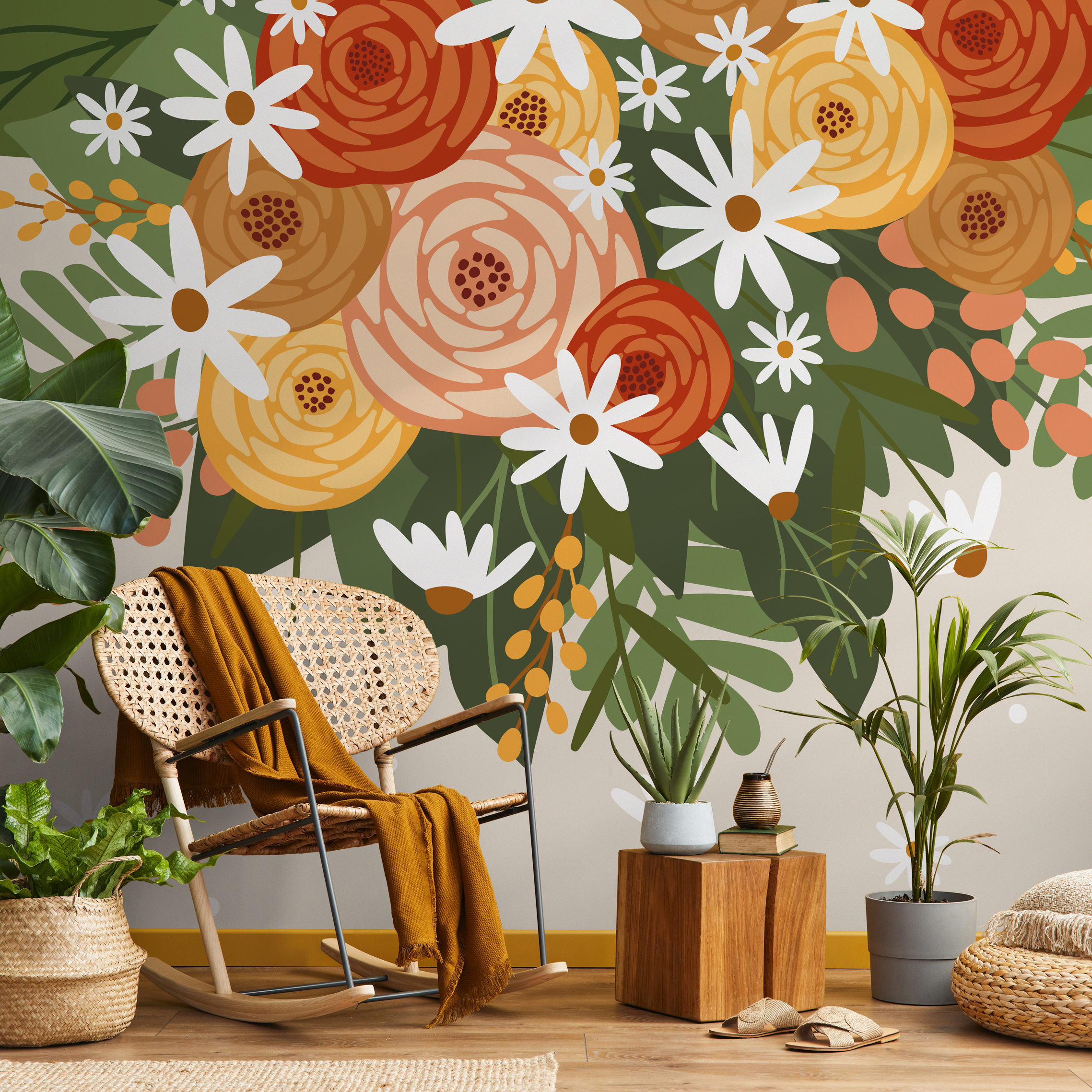 Floral Wallpaper With A Bold Bouquet In Orange, Yellow, And Green - C931