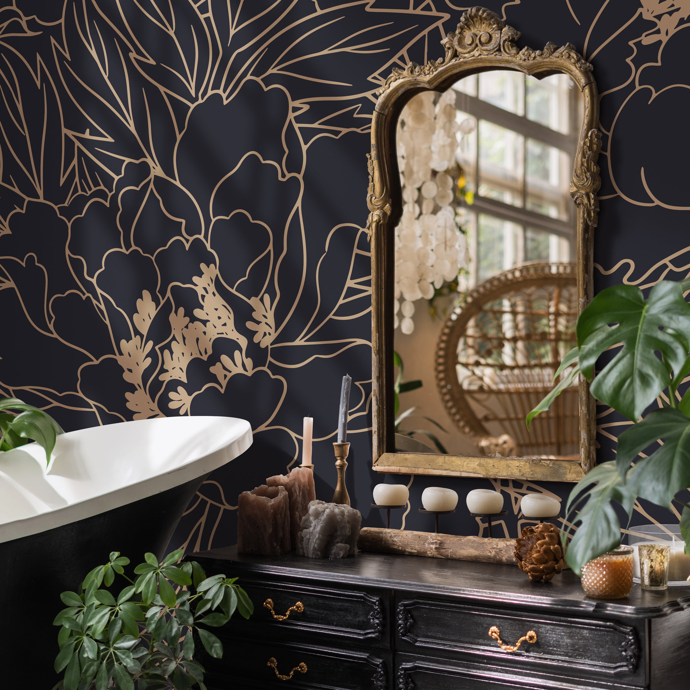 Floral Wallpaper With Elegant Line Art Peonies In Dark Blue And Gold - C932