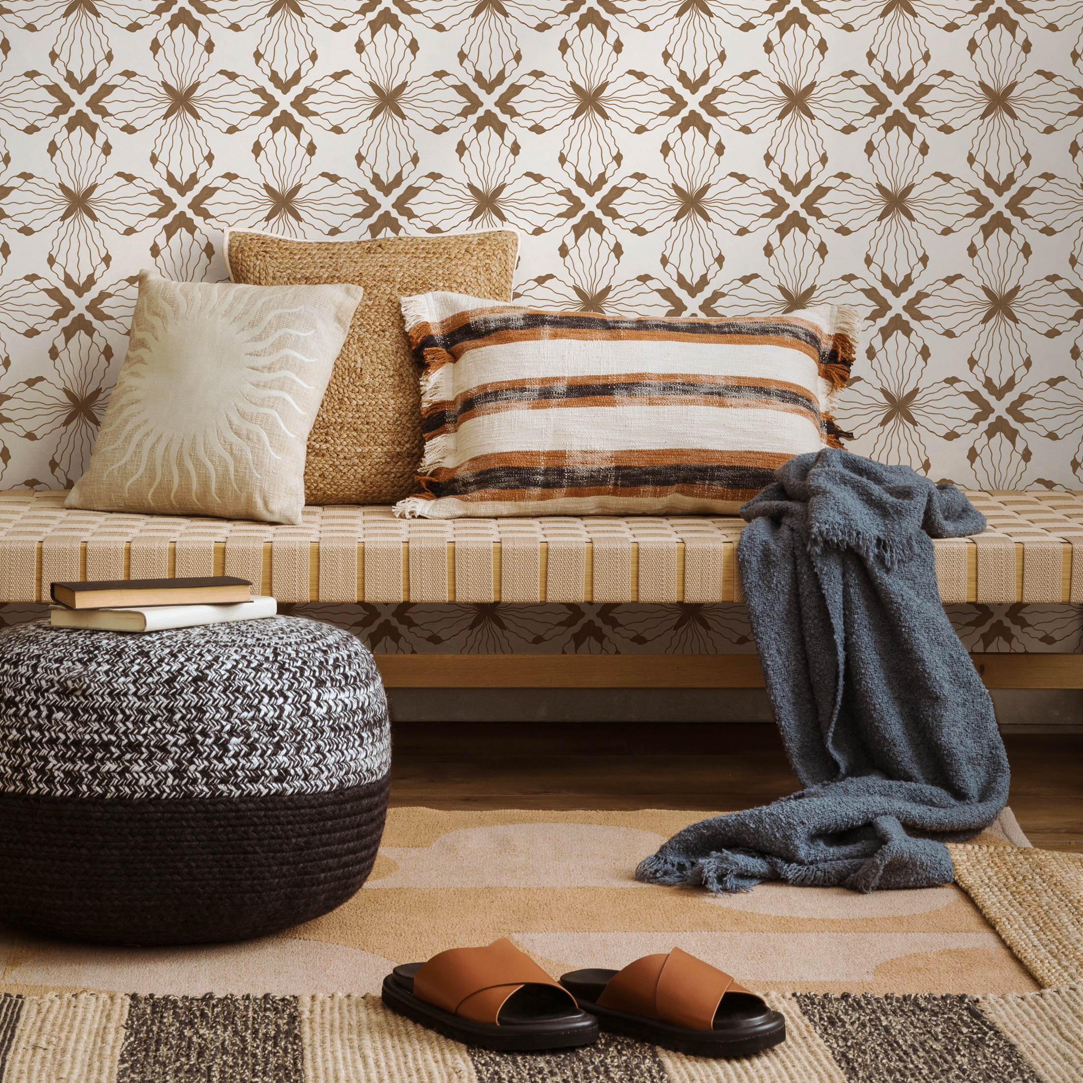 Boho Tile Wallpaper Featuring A Geometric Floral Motif In Brown - C935