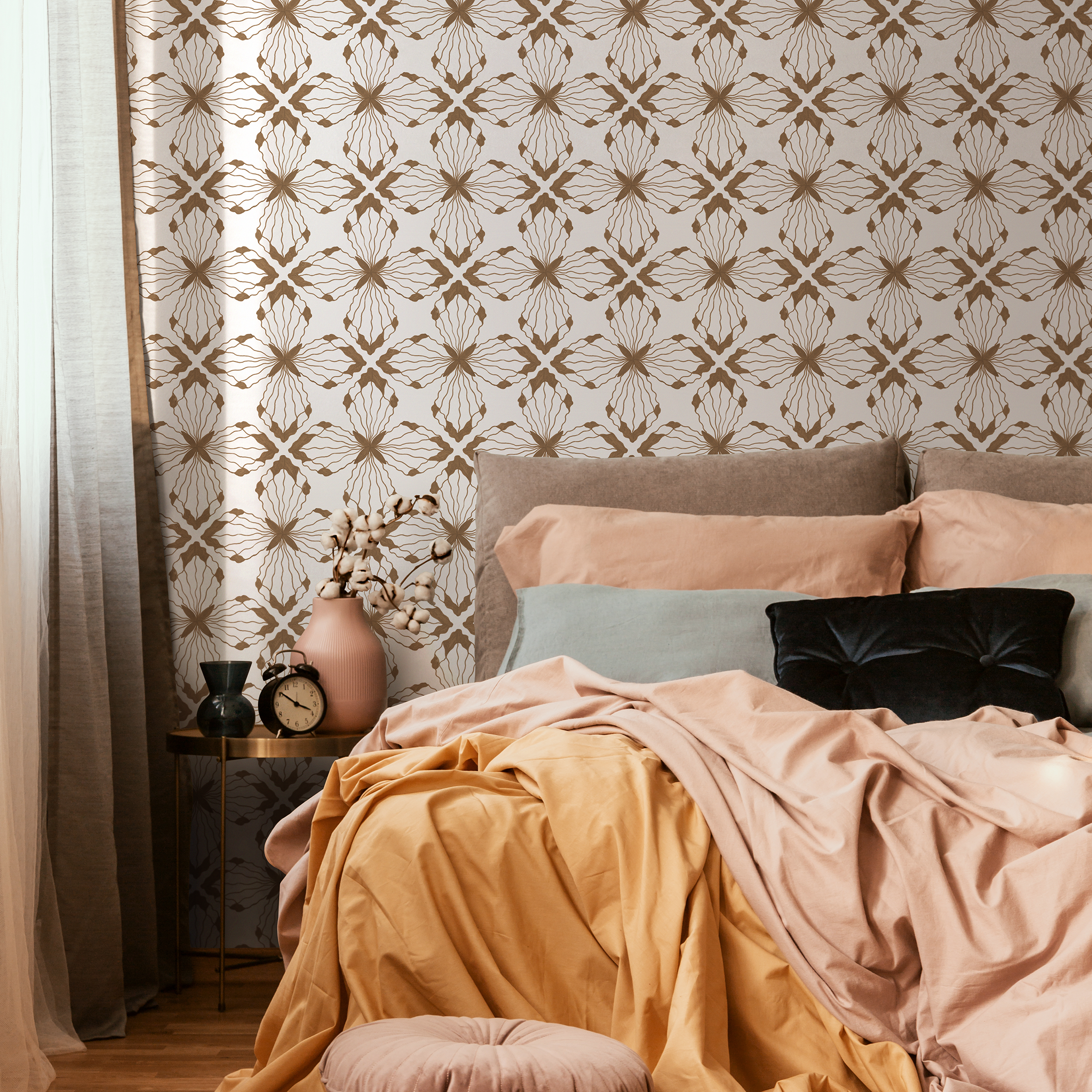 Boho Tile Wallpaper Featuring A Geometric Floral Motif In Brown - C935