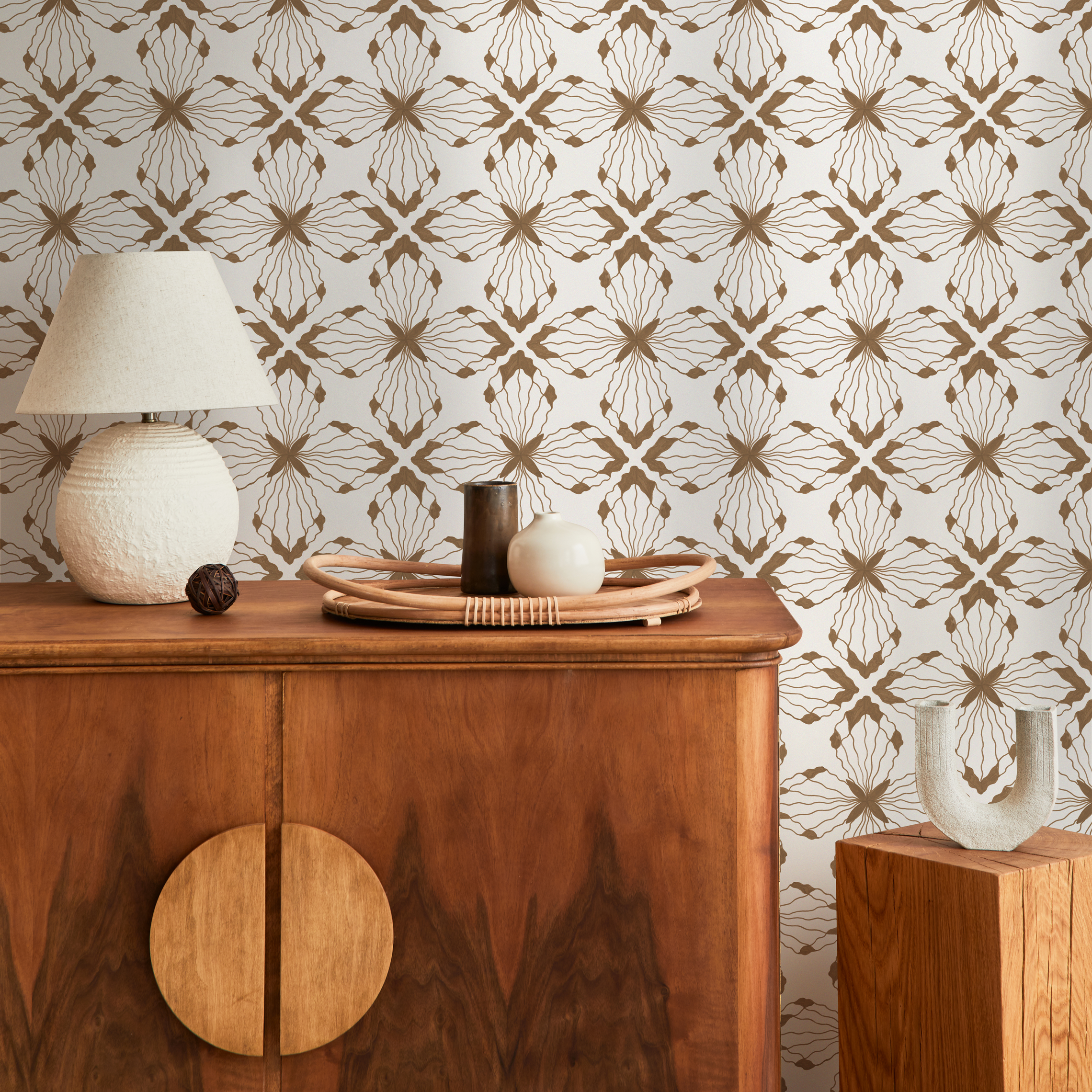 Boho Tile Wallpaper Featuring A Geometric Floral Motif In Brown - C935