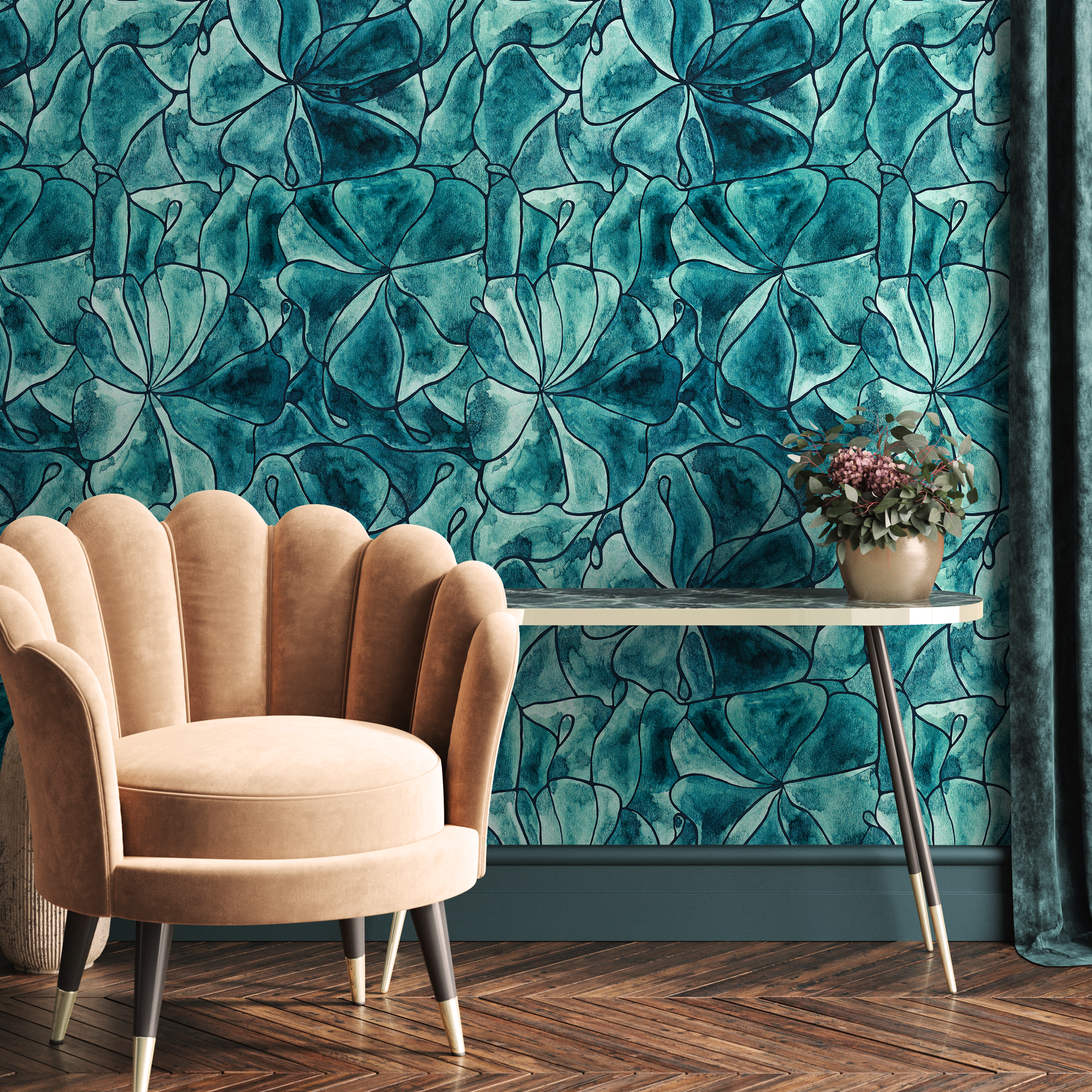 Abstract Floral Wallpaper With A Watercolor Style In Turquoise, Teal, And Black - C936