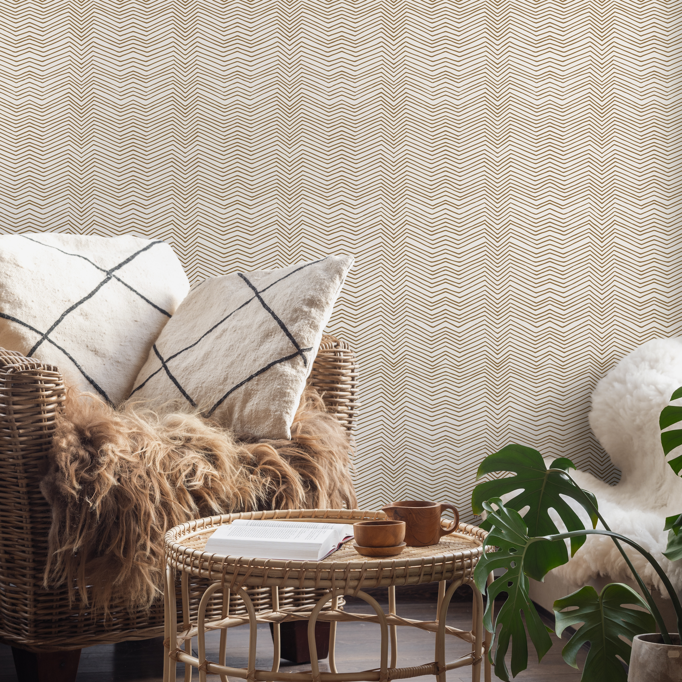 Chevron Wallpaper With Hand-drawn Lines In Beige And Brown - C937