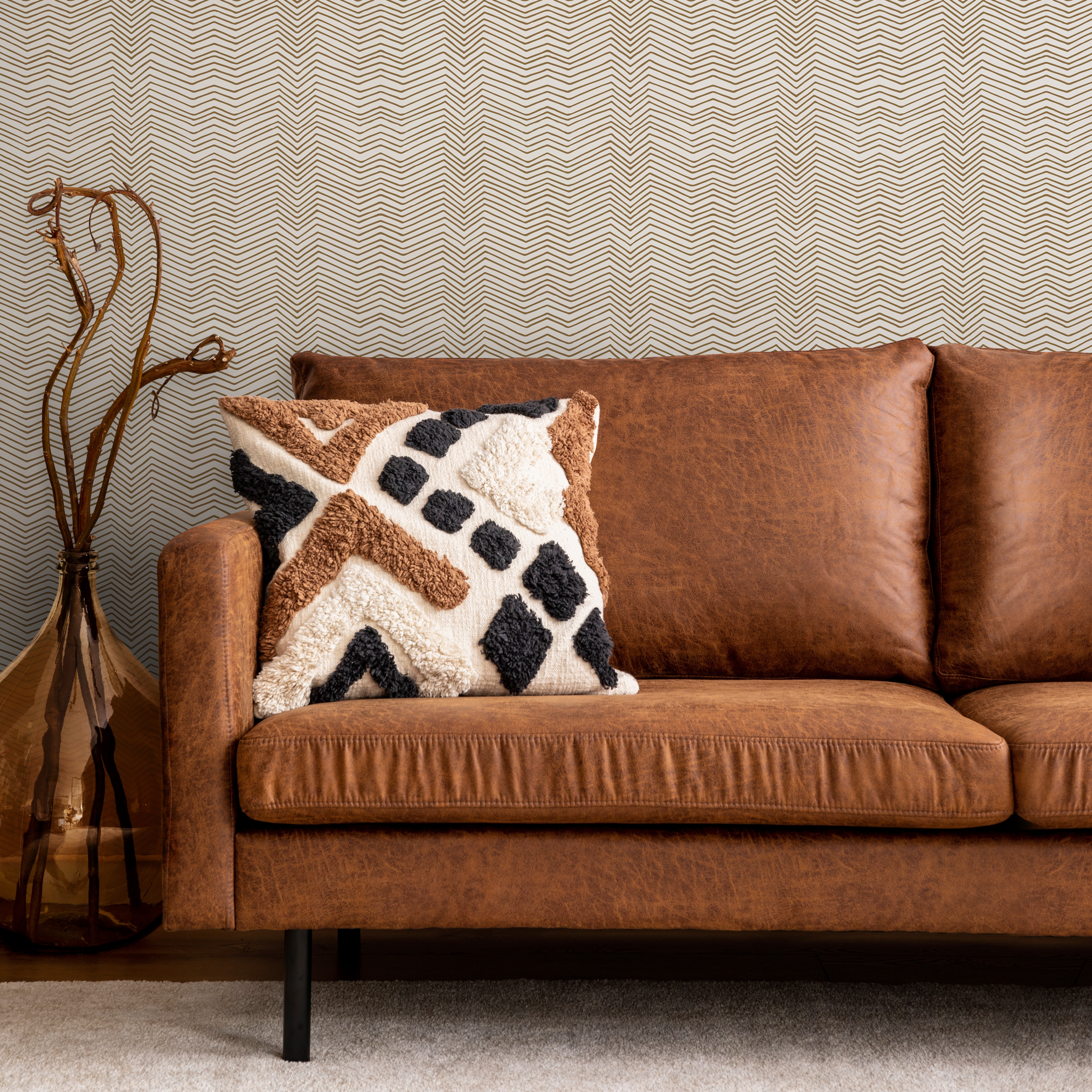 Chevron Wallpaper With Hand-drawn Lines In Beige And Brown - C937