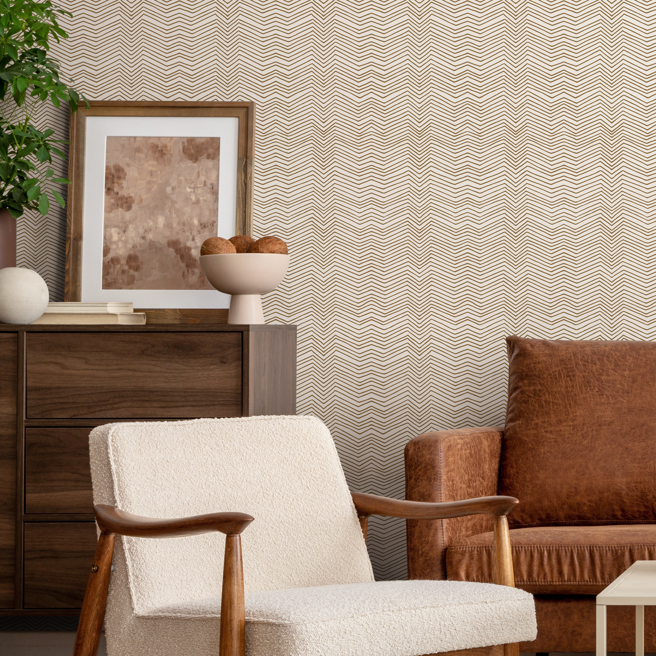 Chevron Wallpaper With Hand-drawn Lines In Beige And Brown - C937