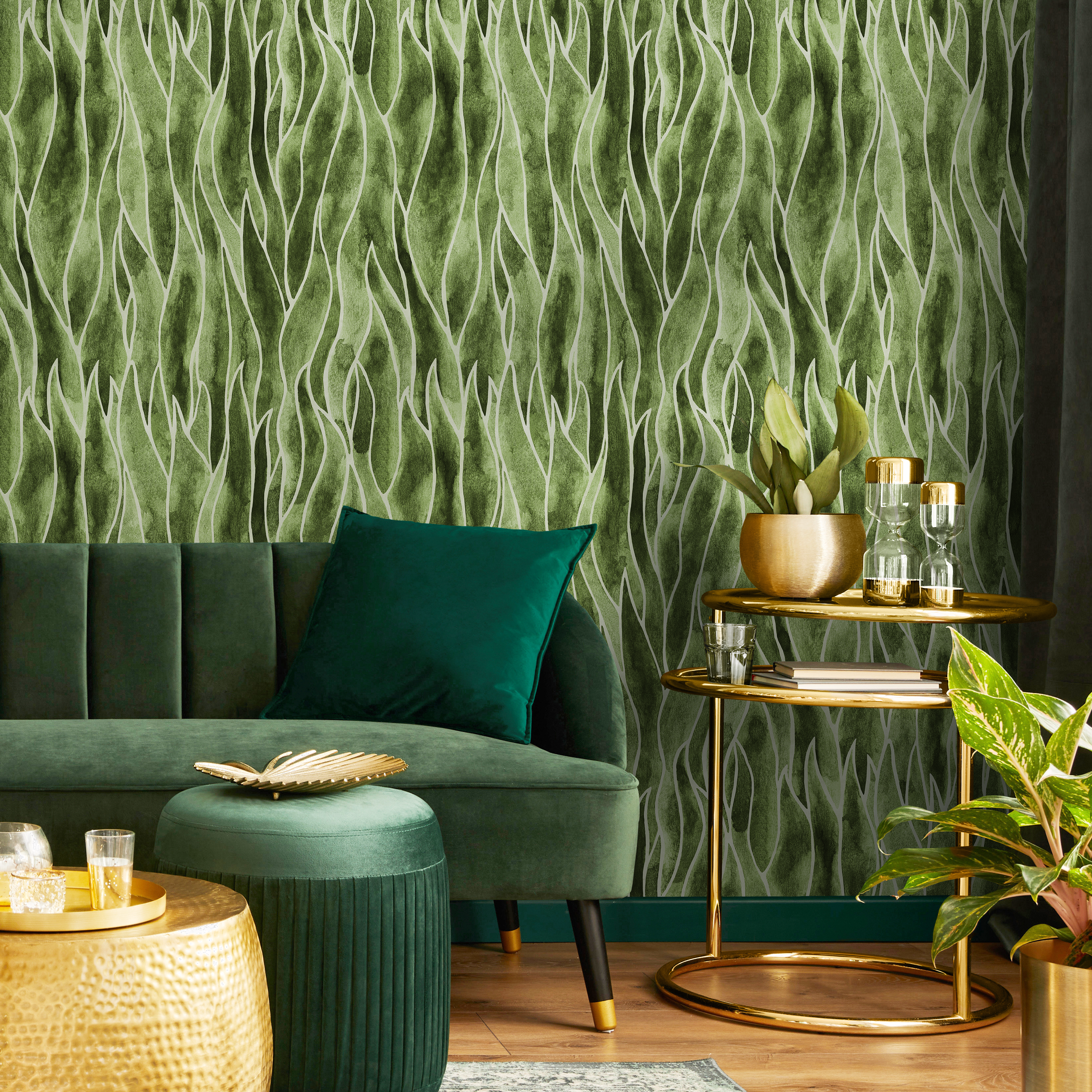 Abstract Wallpaper With A Flowing Seaweed Motif In Olive Green And White - C938