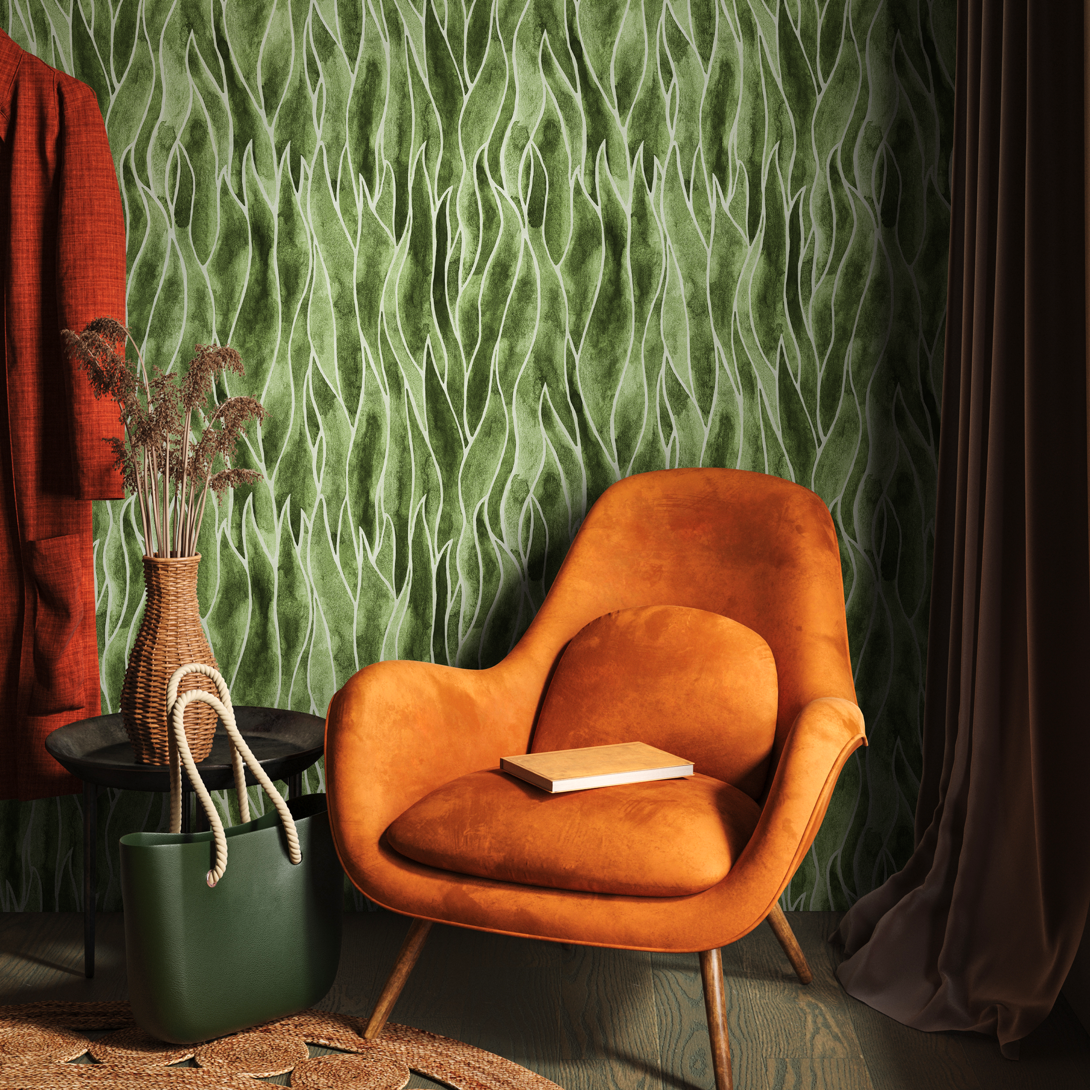 Abstract Wallpaper With A Flowing Seaweed Motif In Olive Green And White - C938