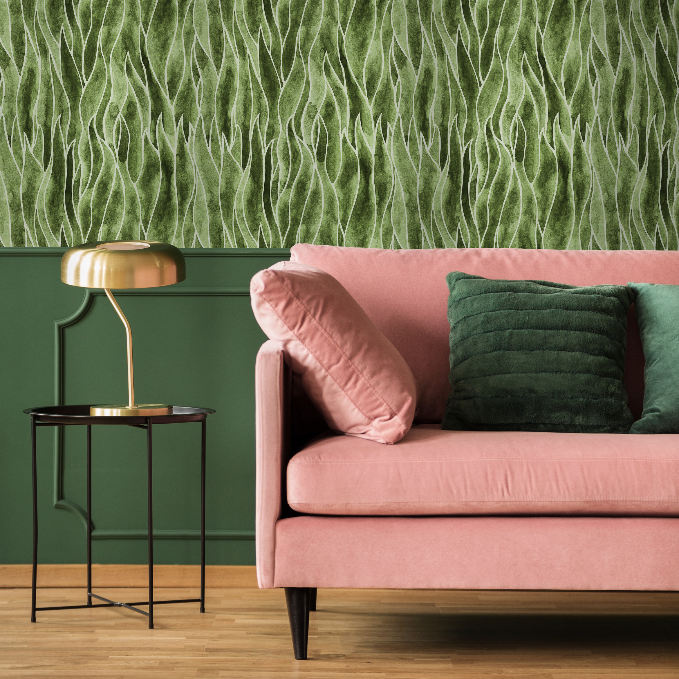 Abstract Wallpaper With A Flowing Seaweed Motif In Olive Green And White - C938