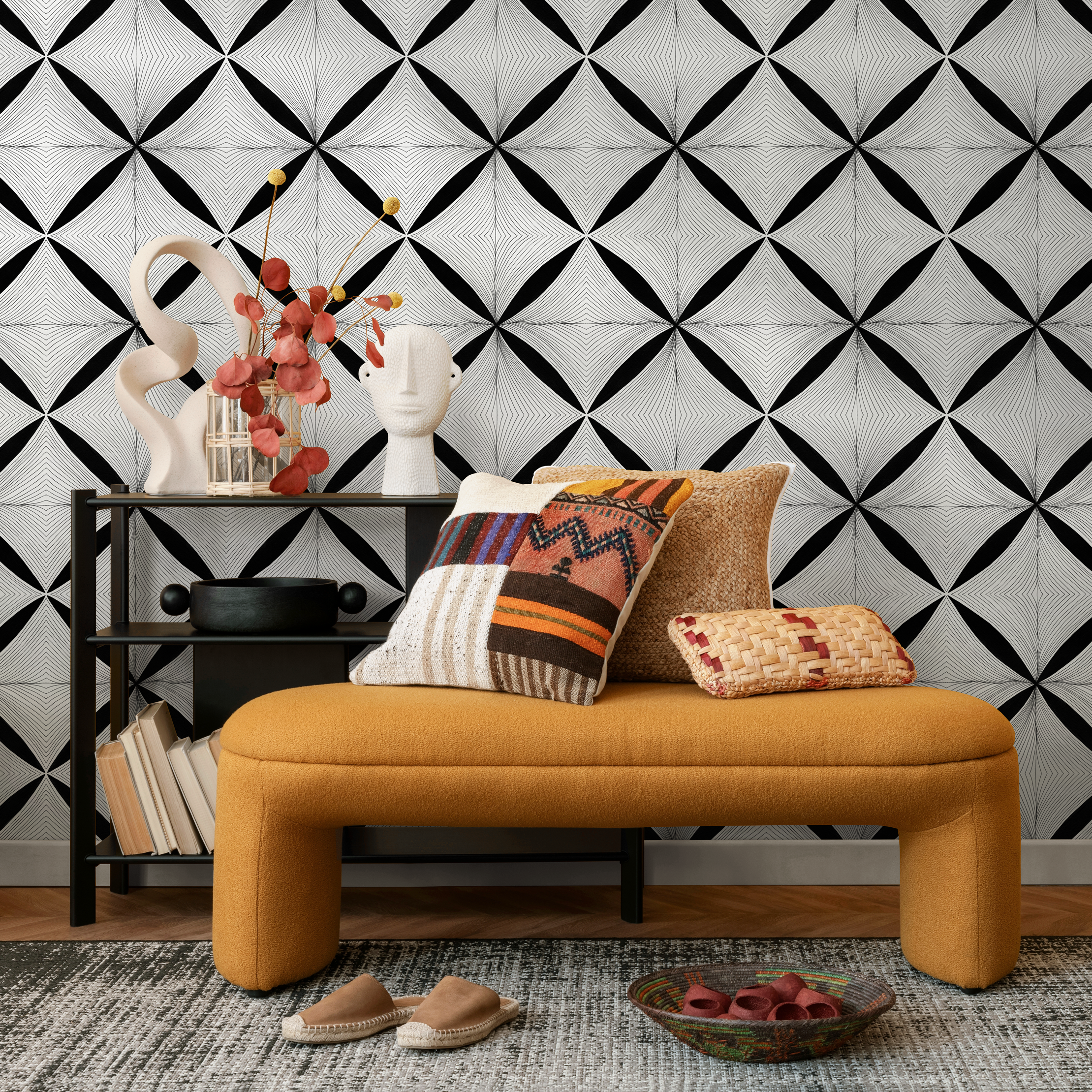 Geometric Wallpaper With A Fine Line Diamond Motif In Black And White - C939