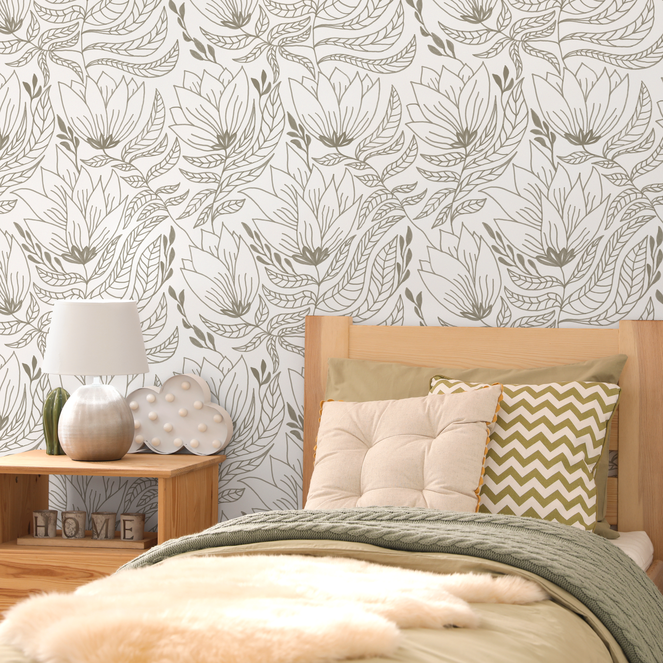 Botanical Wallpaper With A Line Art Floral Motif In Taupe - C941