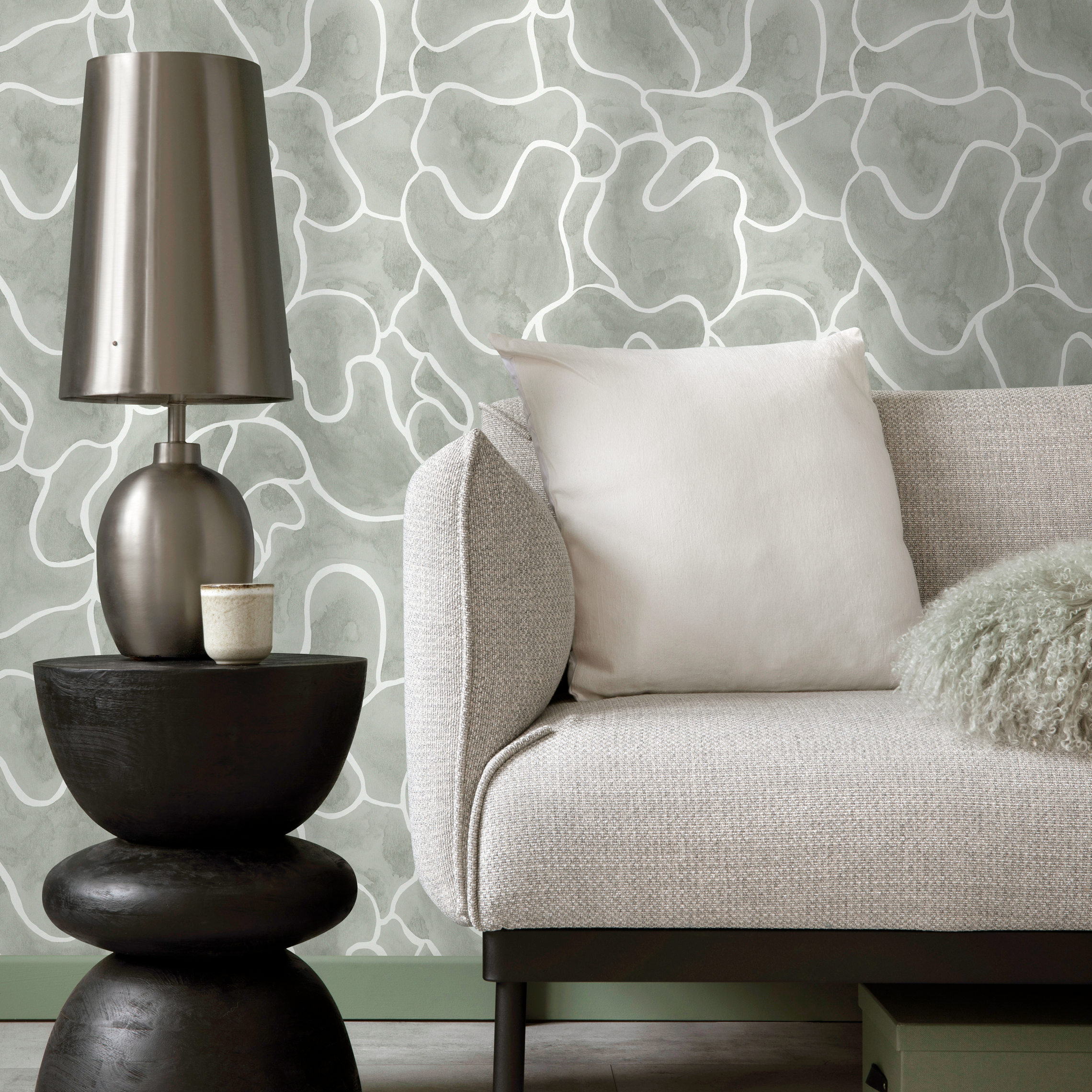Abstract Wallpaper With Organic Fluid Lines In Sage Gray And White - C942