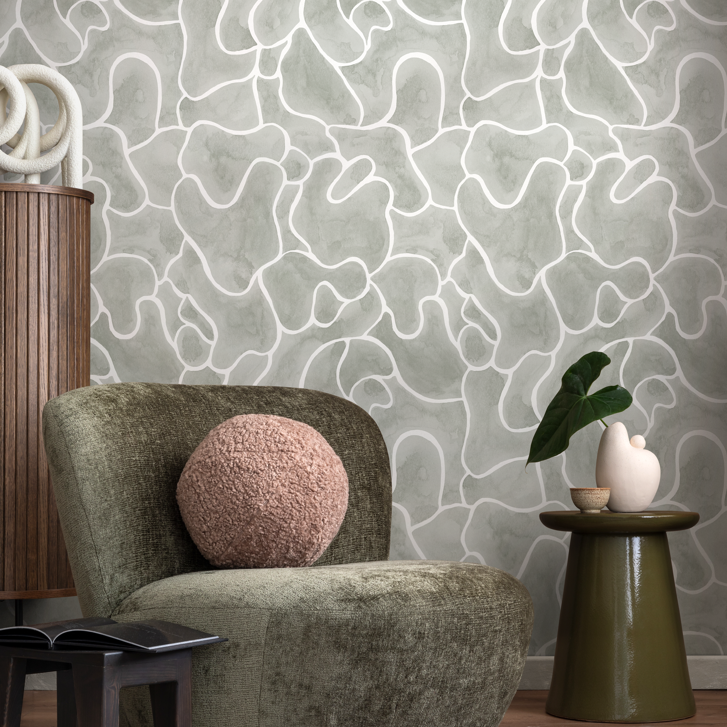 Abstract Wallpaper With Organic Fluid Lines In Sage Gray And White - C942