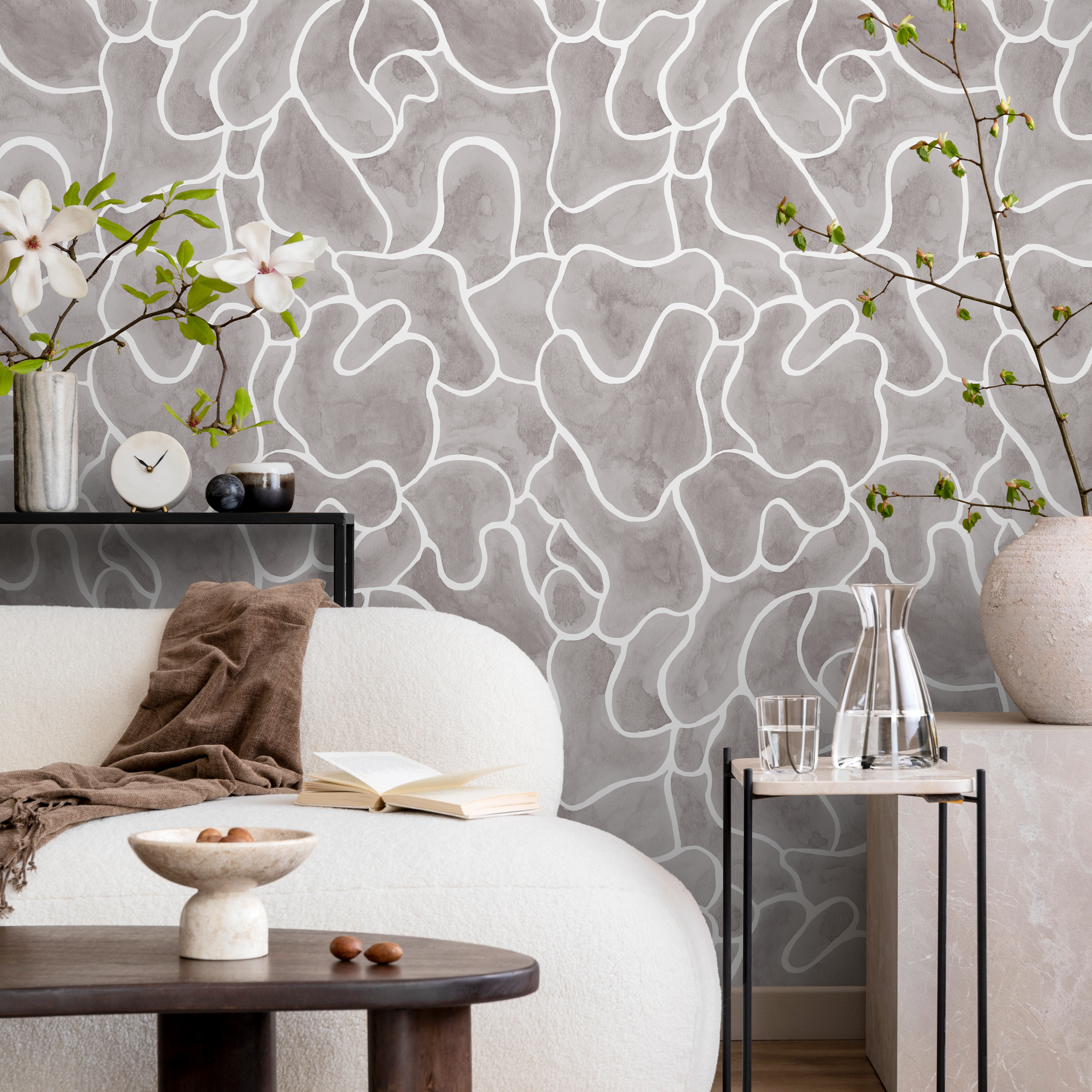 Abstract Wallpaper With A Fluid Watercolor Pattern In Gray And White - C943