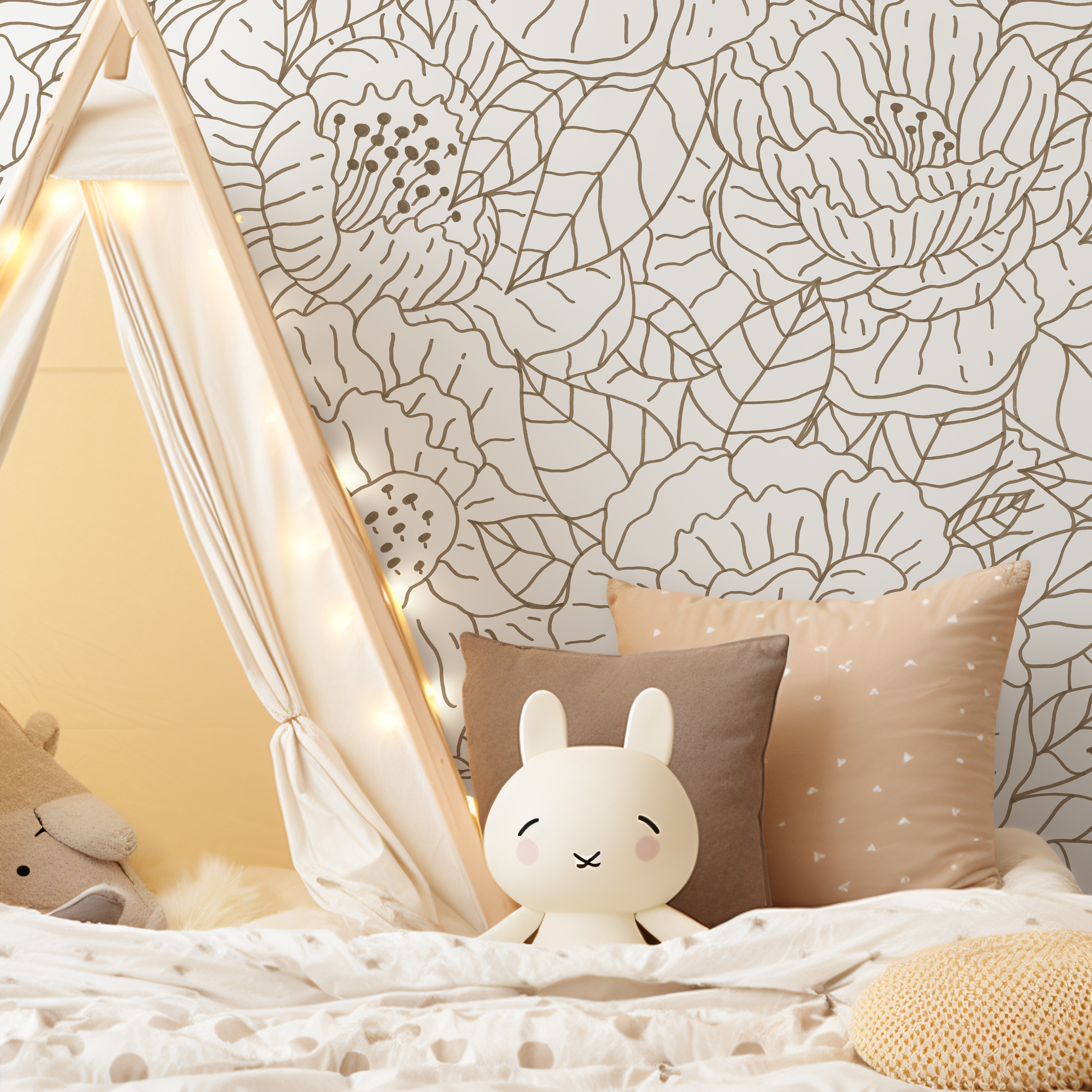 Floral Wallpaper With A Hand-drawn Line Art Motif In Brown - C944