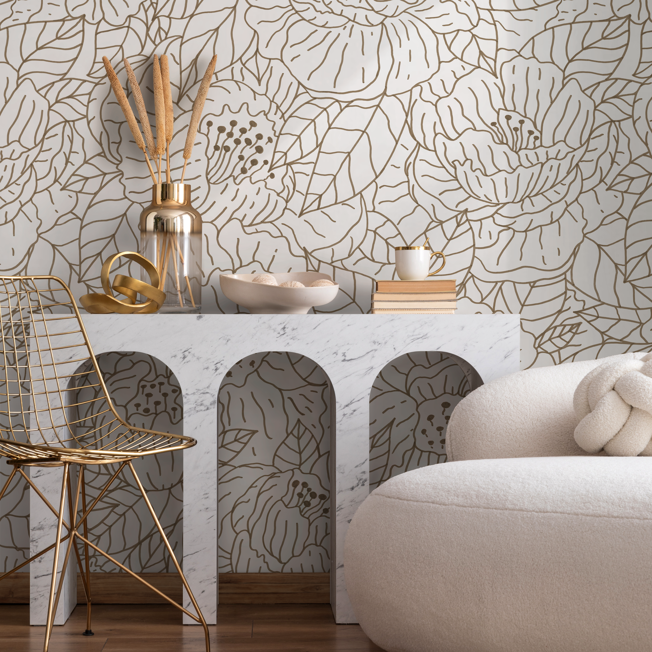 Floral Wallpaper With A Hand-drawn Line Art Motif In Brown - C944