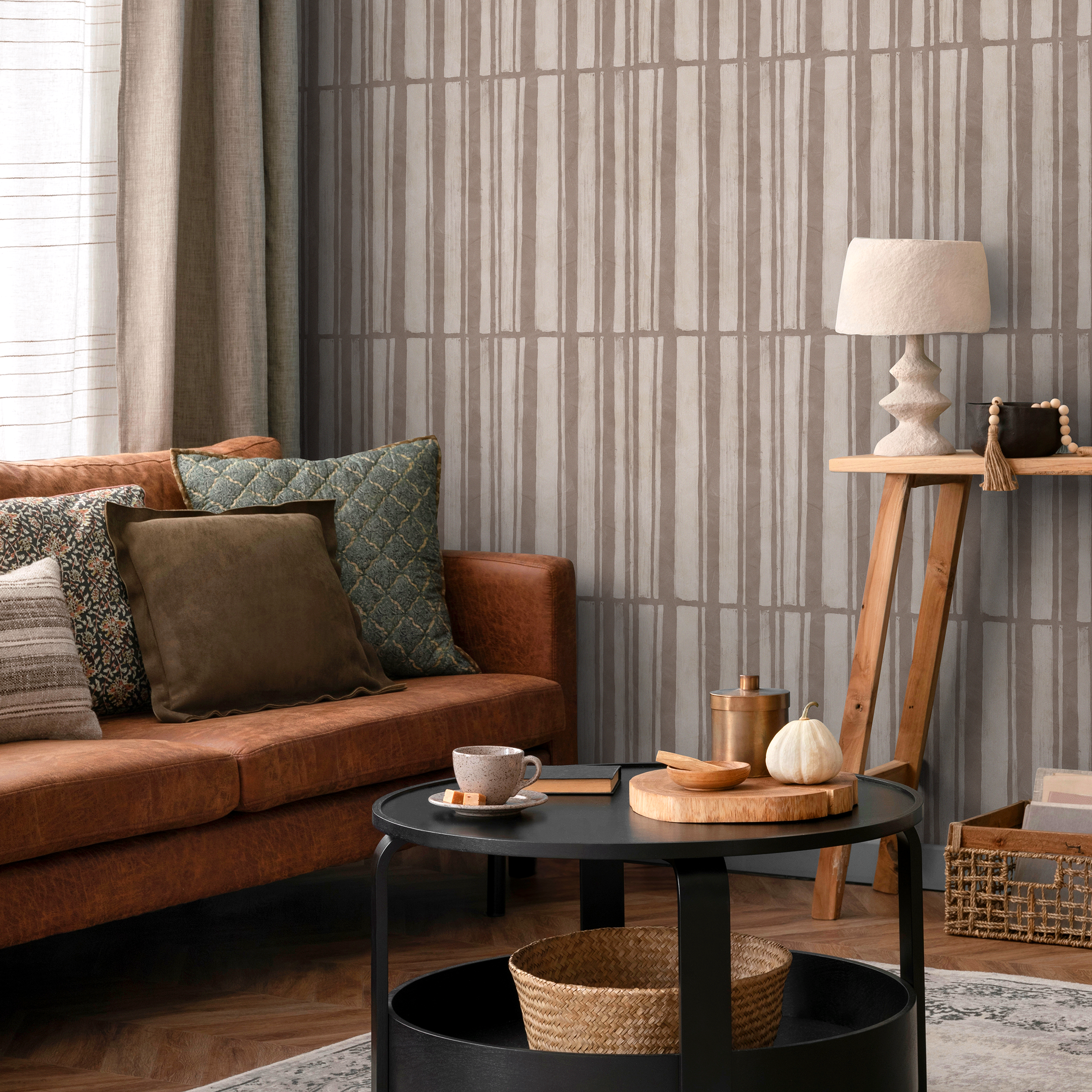 Abstract Wallpaper With Hand-drawn Vertical Stripes In Beige And Taupe - C949