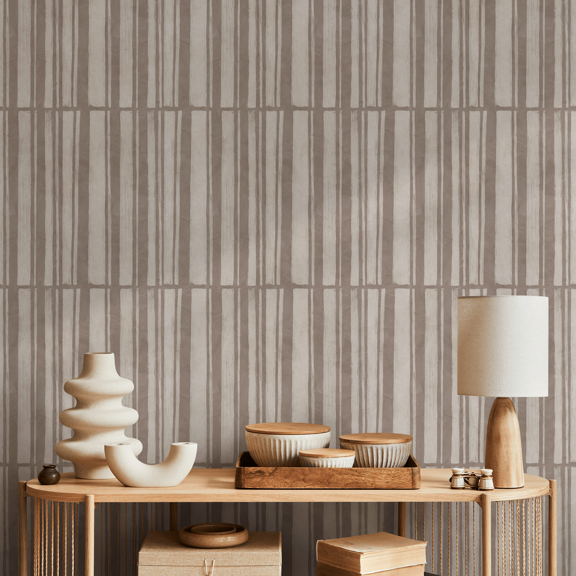 Abstract Wallpaper With Hand-drawn Vertical Stripes In Beige And Taupe - C949