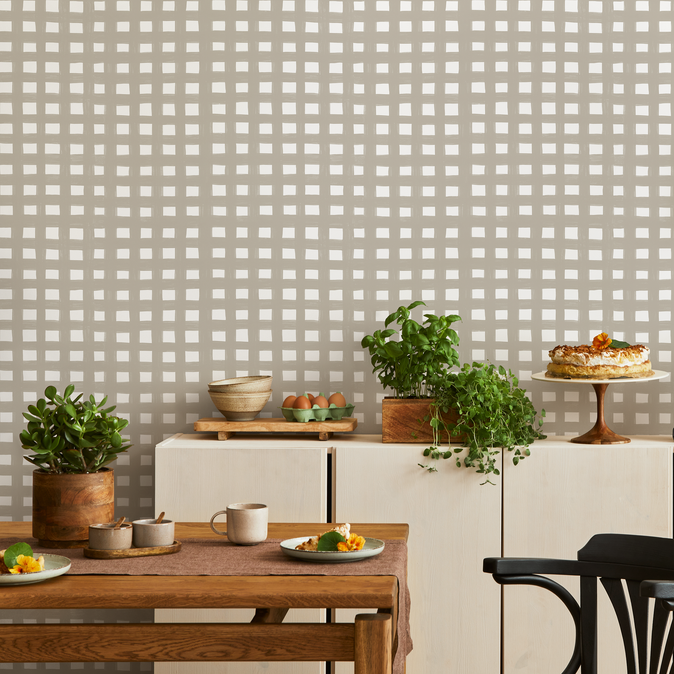 Gingham Wallpaper With A Painterly Grid In Beige - C952