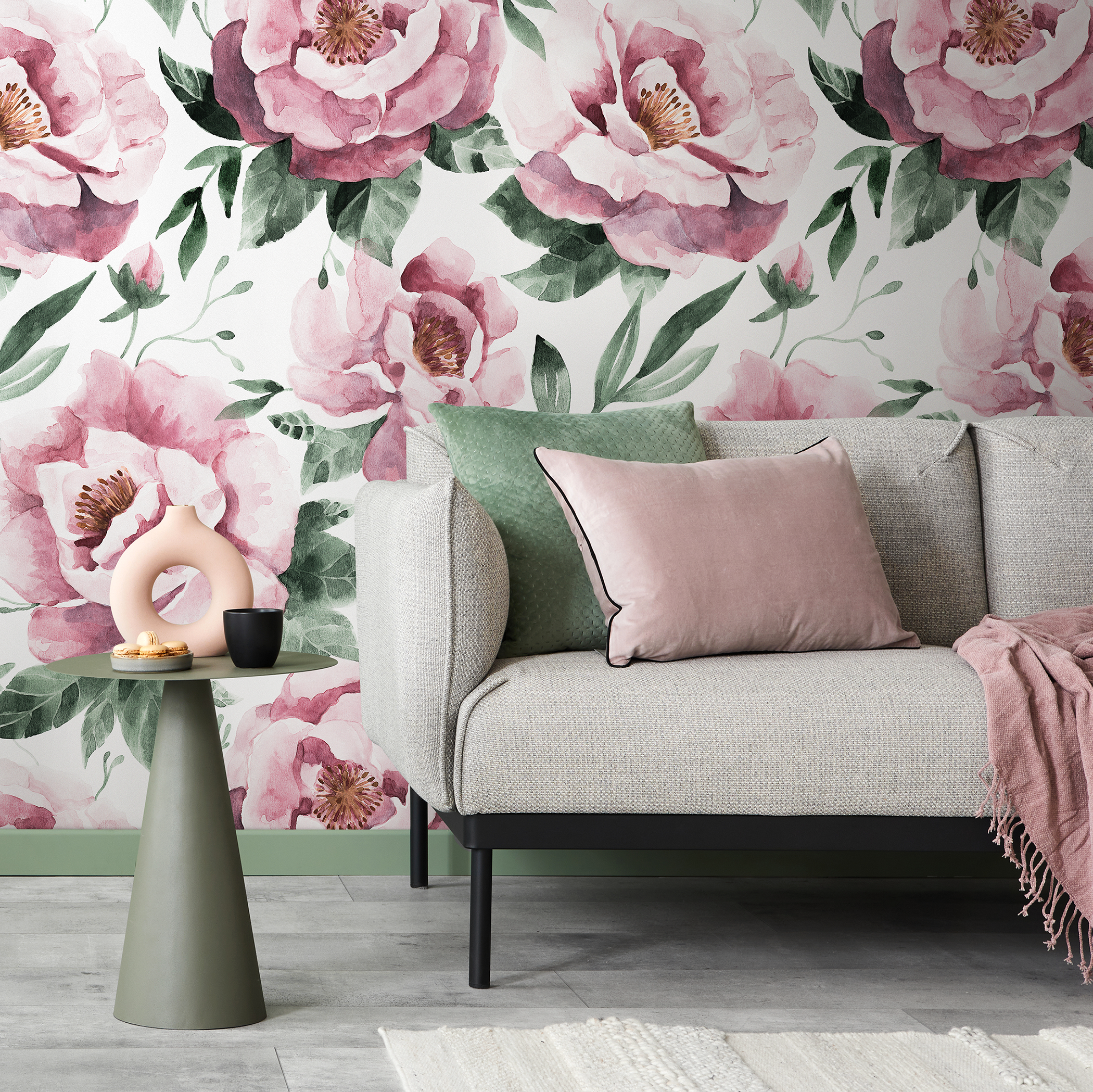 Floral Wallpaper With Vintage Watercolor Roses In Pink And Green - C953