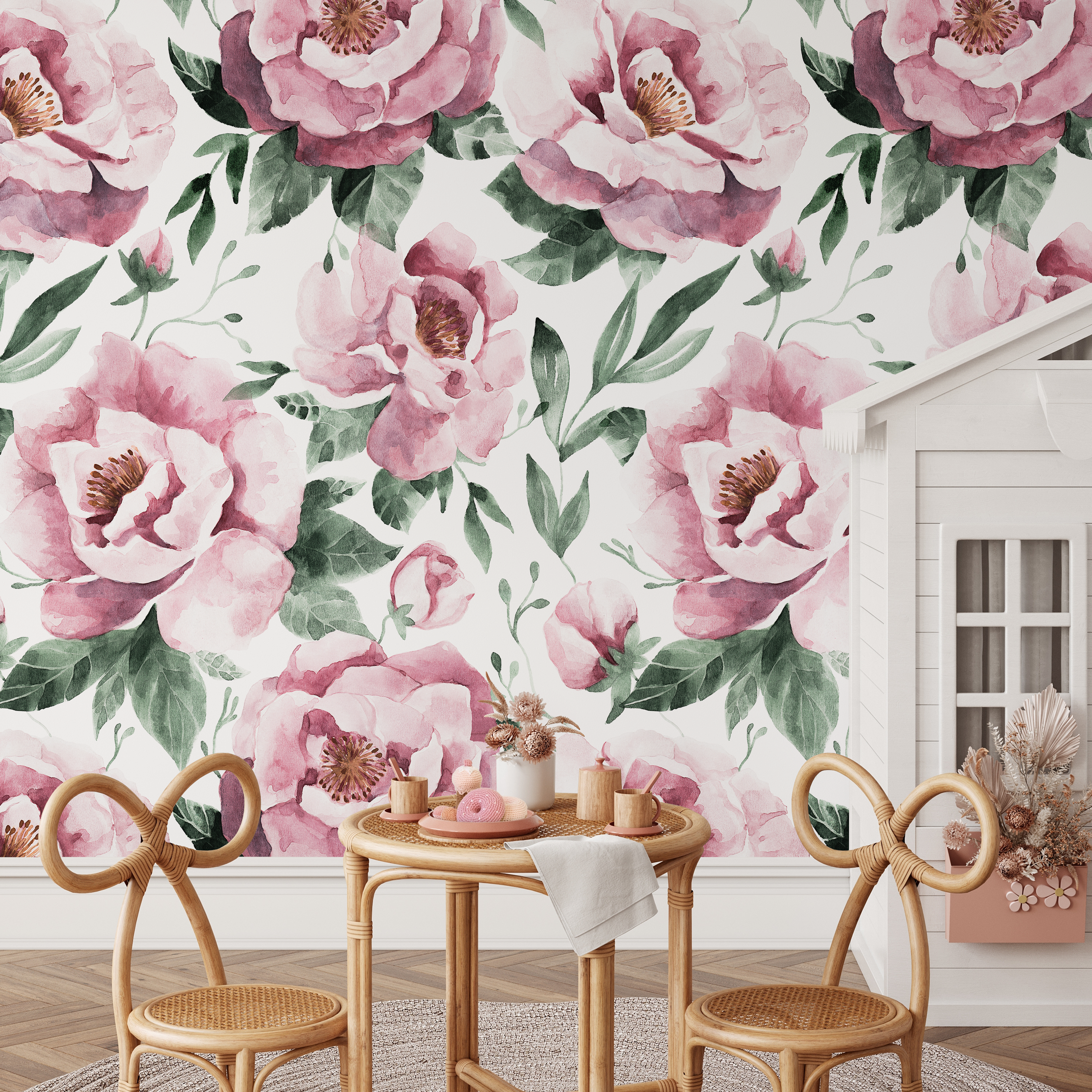 Floral Wallpaper With Vintage Watercolor Roses In Pink And Green - C953