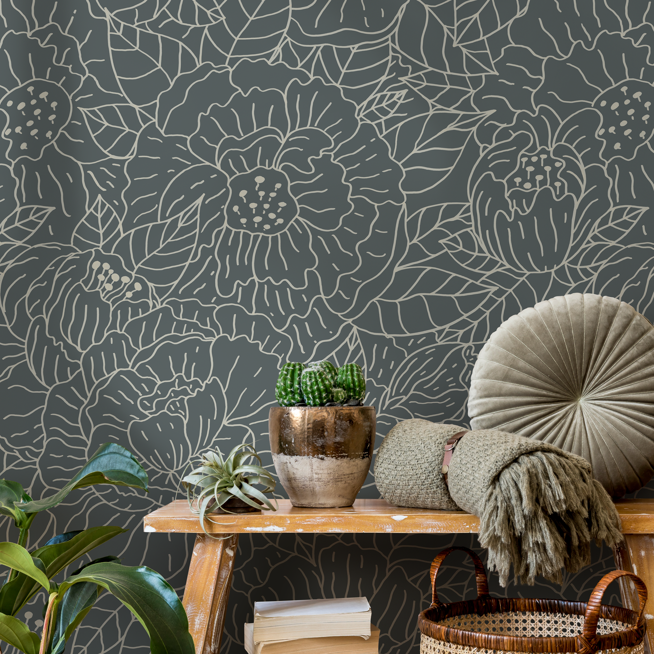Floral Wallpaper With Line Art Blooms In Slate Green And Beige - C954