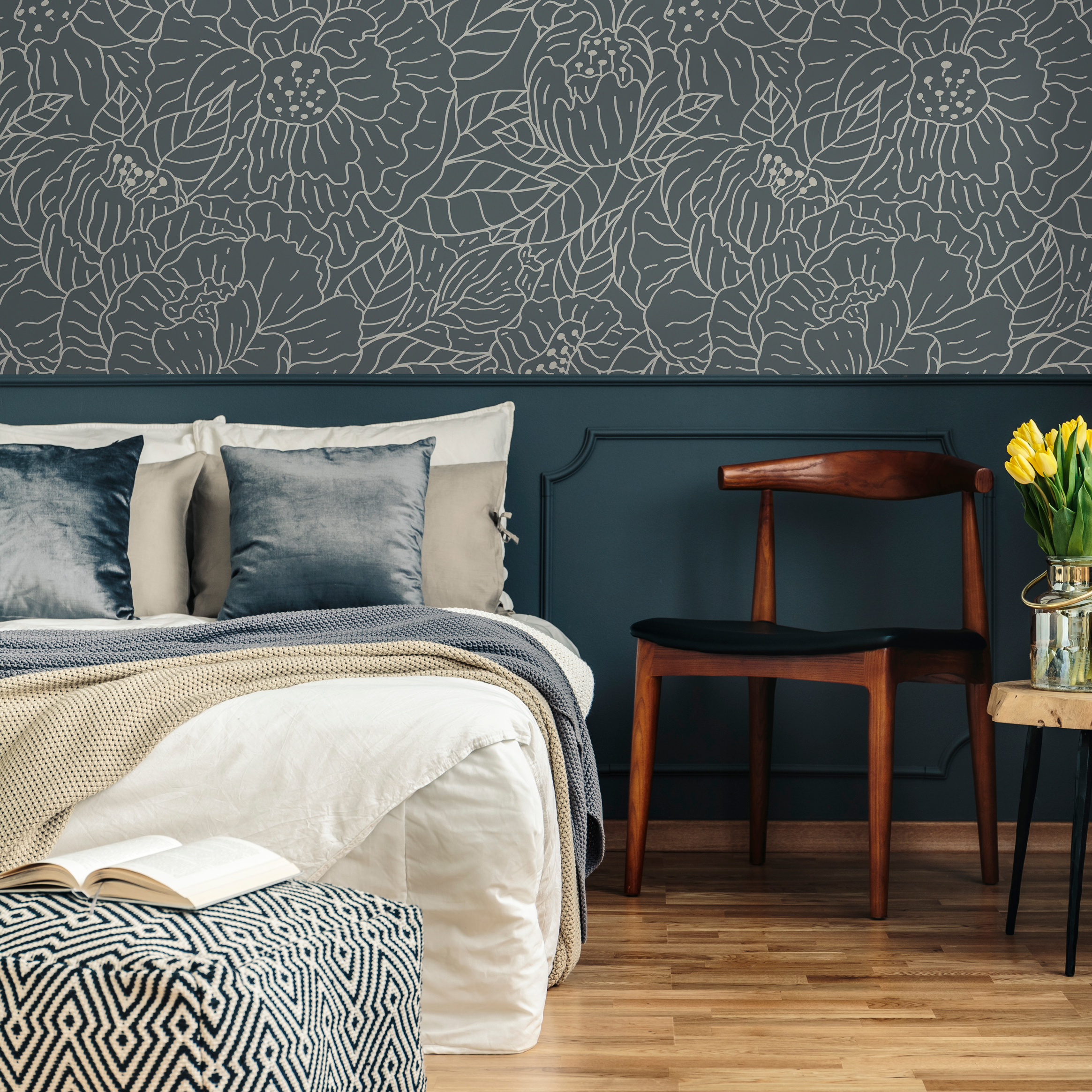 Floral Wallpaper With Line Art Blooms In Slate Green And Beige - C954