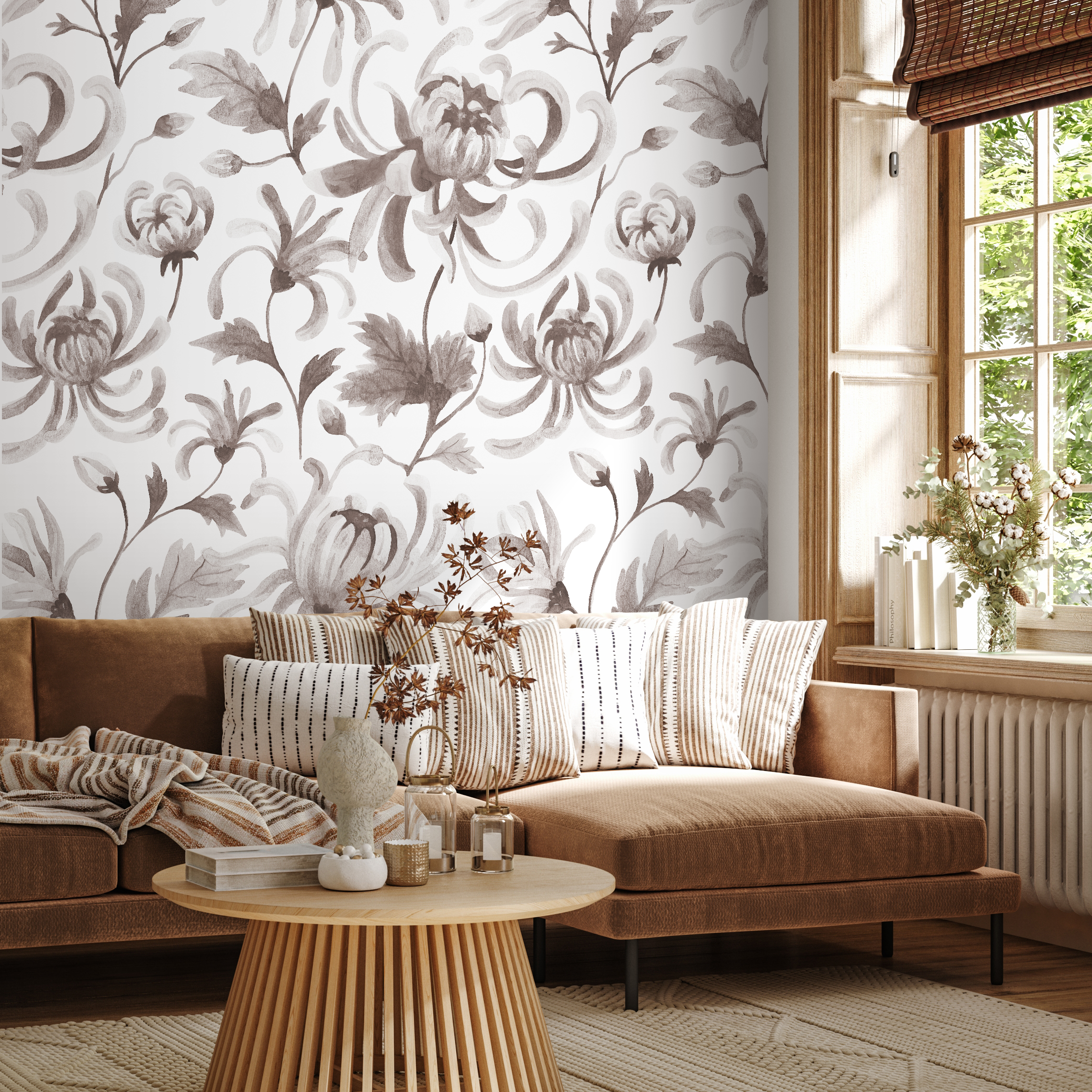 Vintage Floral Wallpaper With Chrysanthemums In Gray And Taupe - C955