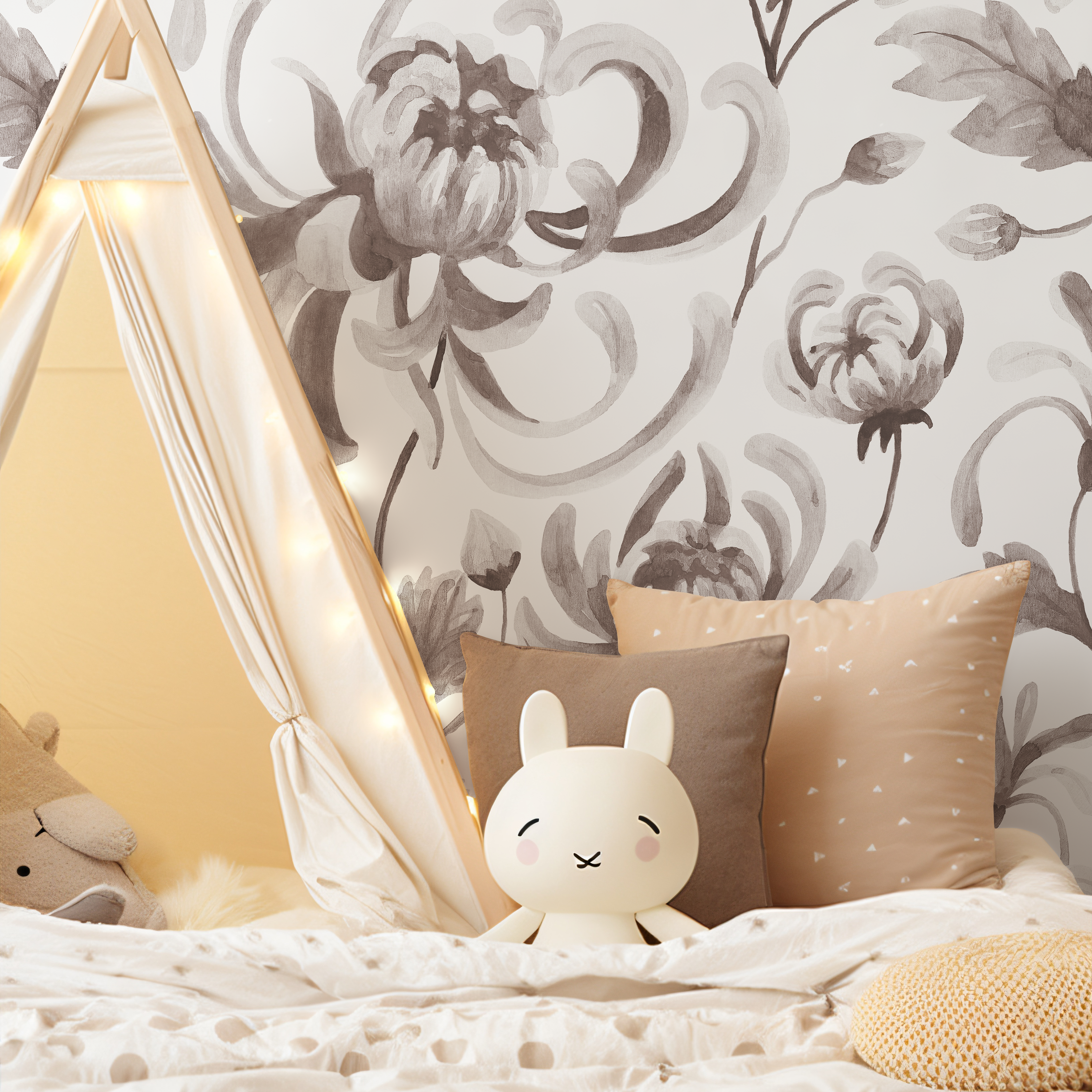 Vintage Floral Wallpaper With Chrysanthemums In Gray And Taupe - C955