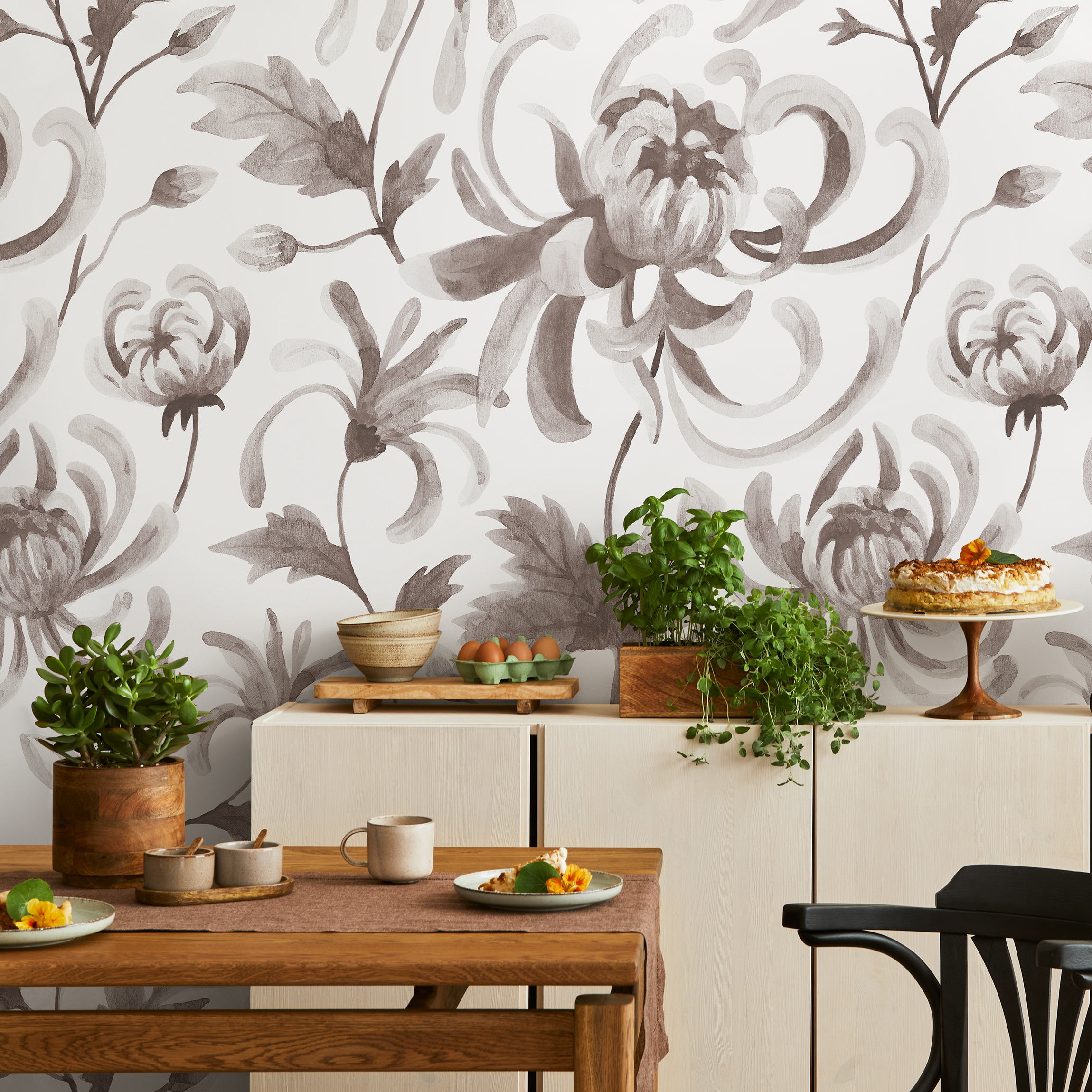 Vintage Floral Wallpaper With Chrysanthemums In Gray And Taupe - C955