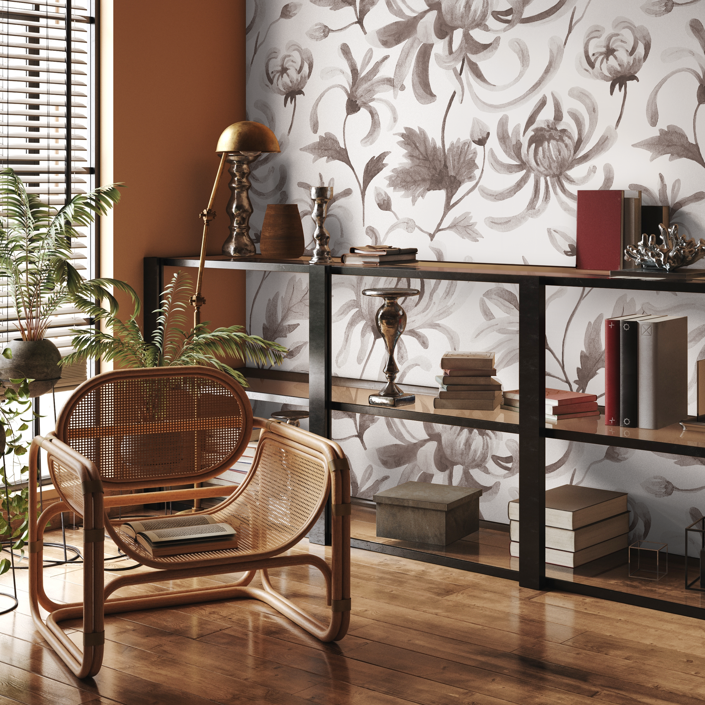 Vintage Floral Wallpaper With Chrysanthemums In Gray And Taupe - C955