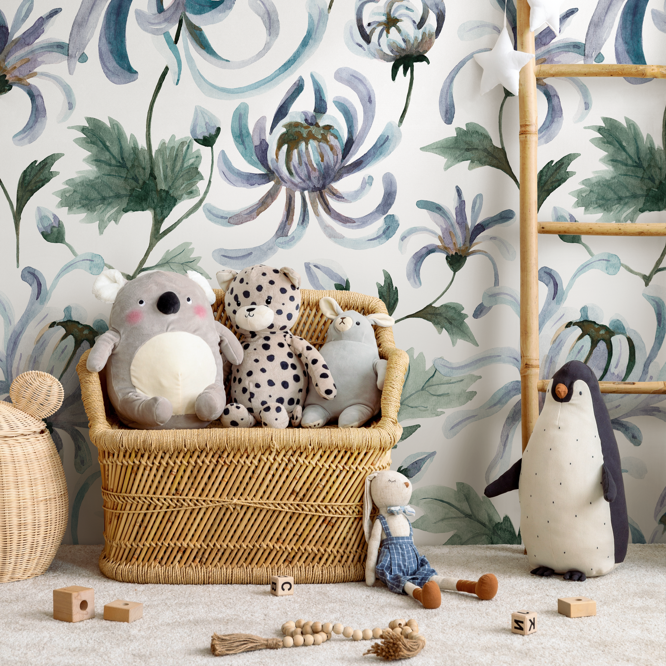 Floral Wallpaper Featuring Watercolor Chrysanthemums In Blue, Purple, And Green - C957